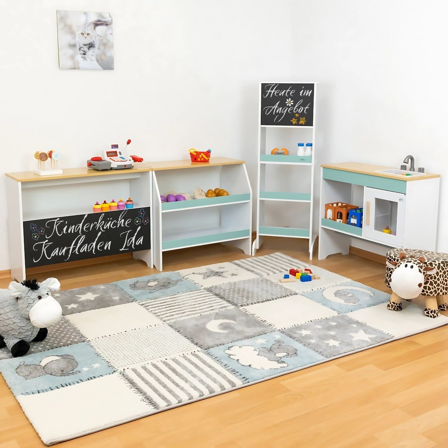 Coemo Spielküche IDA Holz, Türkis Holz Kinderküche 4 Elemente freier Aufbau 2 Kreidetafeln Theke
