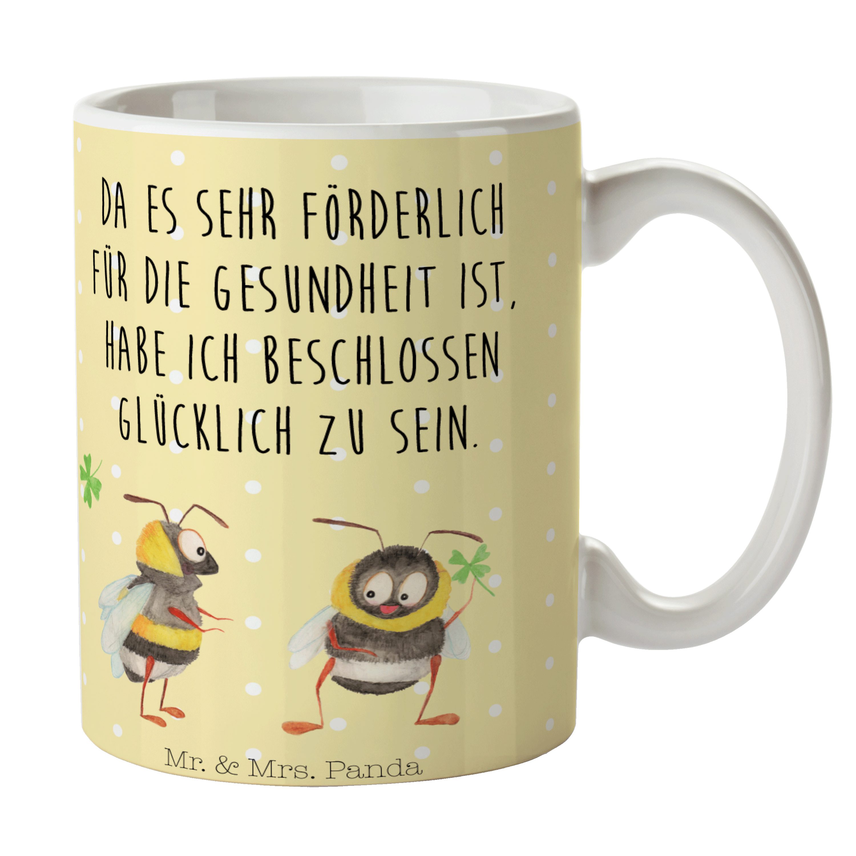 Mr. & Mrs. Panda Tasse Hummeln mit Kleeblatt - Gelb Pastell - Geschenk, Becher, glücklich we, Keramik