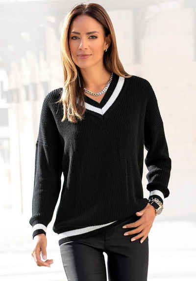 LASCANA V-Ausschnitt-Pullover mit Streifen-Details, weicher Strickpullover, casual-chic