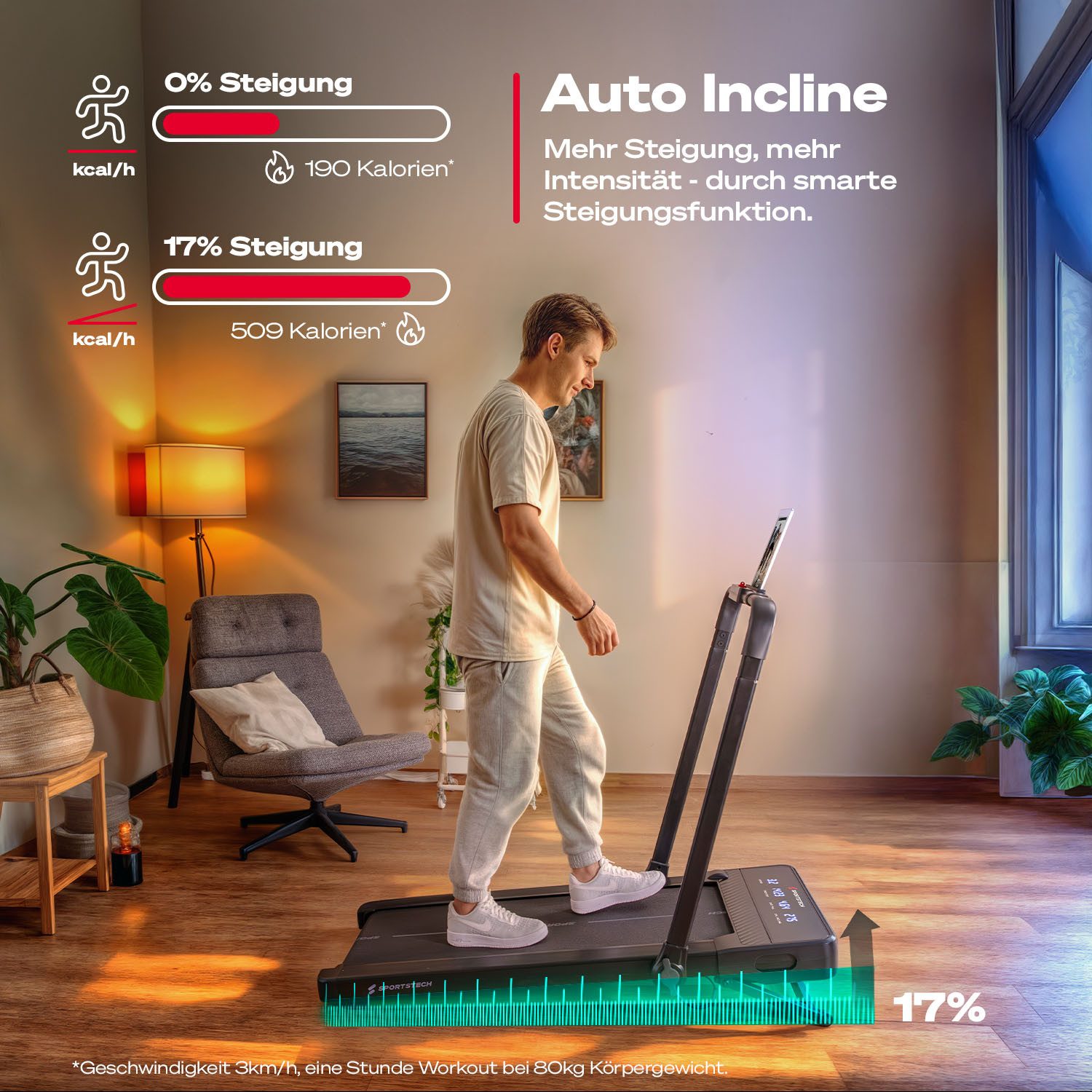 Sportstech Laufband sPad1000, Bis 12 km/h & 17 % Steigung, 8 Stufen, kompakt, Tablethalterung