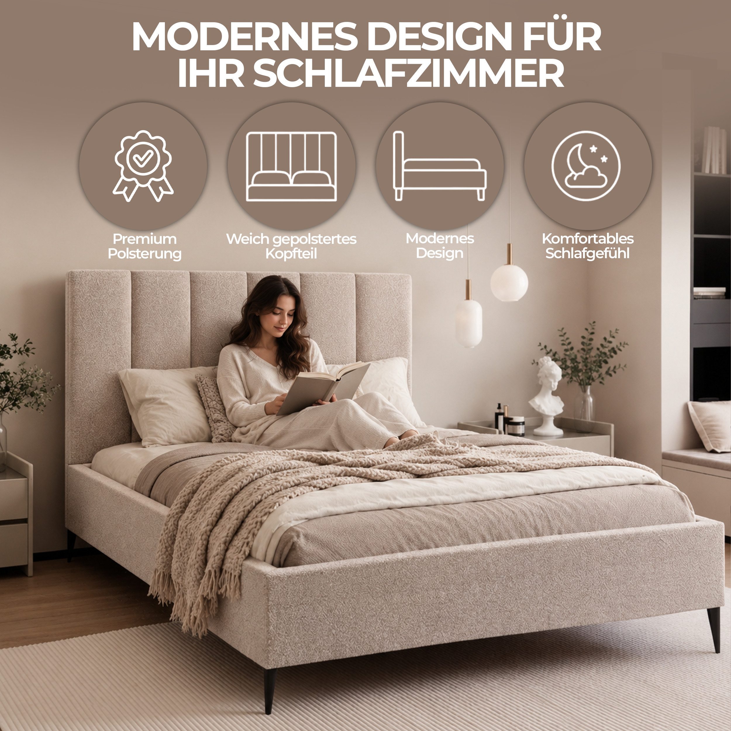 Goldstoff Polsterbett Modernes Bett "GERMAIN" mit hohem Kopfteil und integriertem Bettkasten (120–200x200 cm, Kopfteilhöhe: 90/110 cm, Seitenhöhe: 25/40 cm), El – Bild 5 von 5