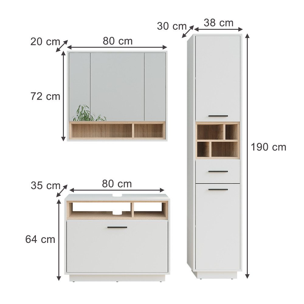 Vicco Badmöbel-Set Beatrice, Weiß/Sonoma, 3 Teile mit Hochschrank, (3-St., 3er Set)