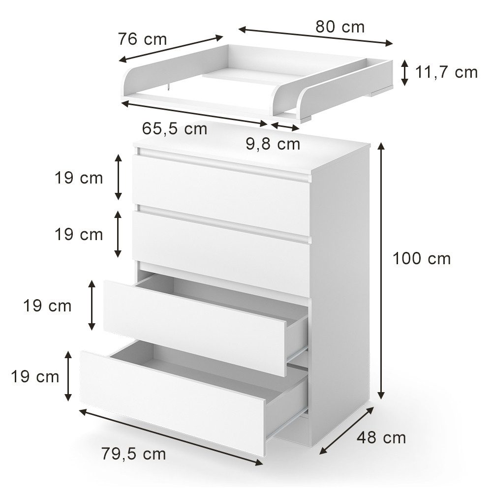 VitaliSpa® Wickelkommode Emmi, Weiß, 80 x 111.6 cm mit 4 Schubladen