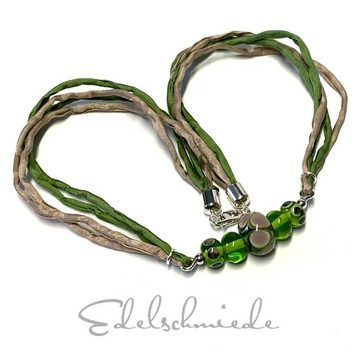 Edelschmiede925 Collier handgefertigte Glasperlen grün Seidenband und 925 Sterling Silber