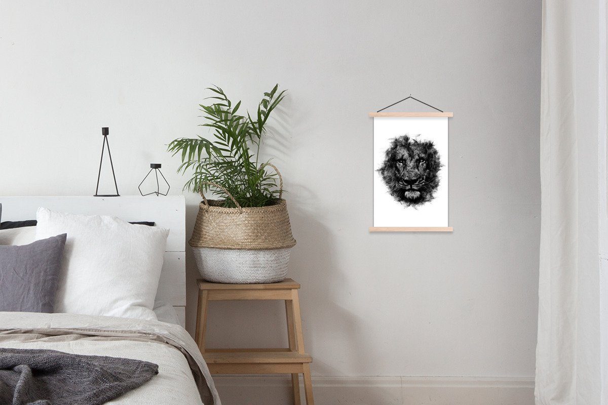 MuchoWow Poster Löwe Wohnzimmer, Schwarz Weiß, - Textilposter Bilderleiste, Magnetisch Posterleiste, - St), (1 für