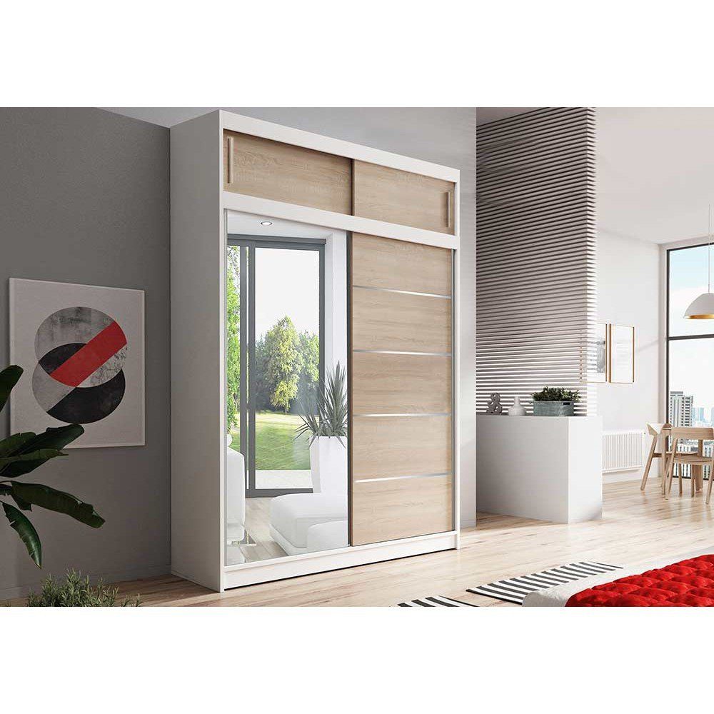 150x61x245 Kleiderschrank Home Comfort Prime Aufsatz Weiß-Eiche weiß-eiche Schwebetürenschrank mit Polini |