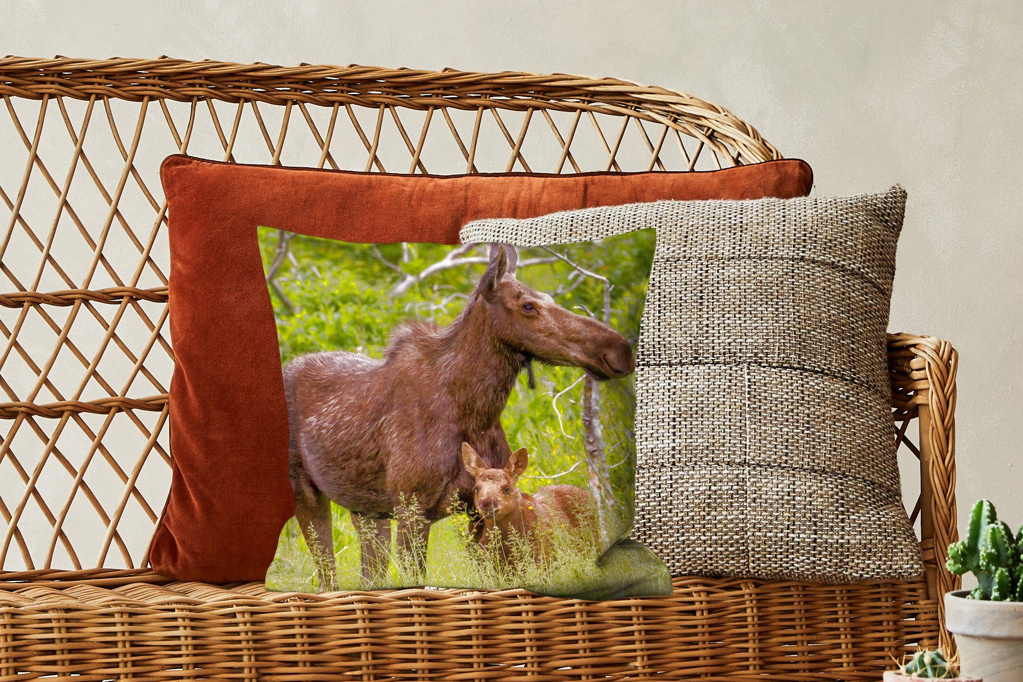 MuchoWow Rentier Sofakissen Schlafzimmer, für - Dekokissen Füllung Pflanzen mit Kalb, Deko, Zierkissen - Wohzimmer,