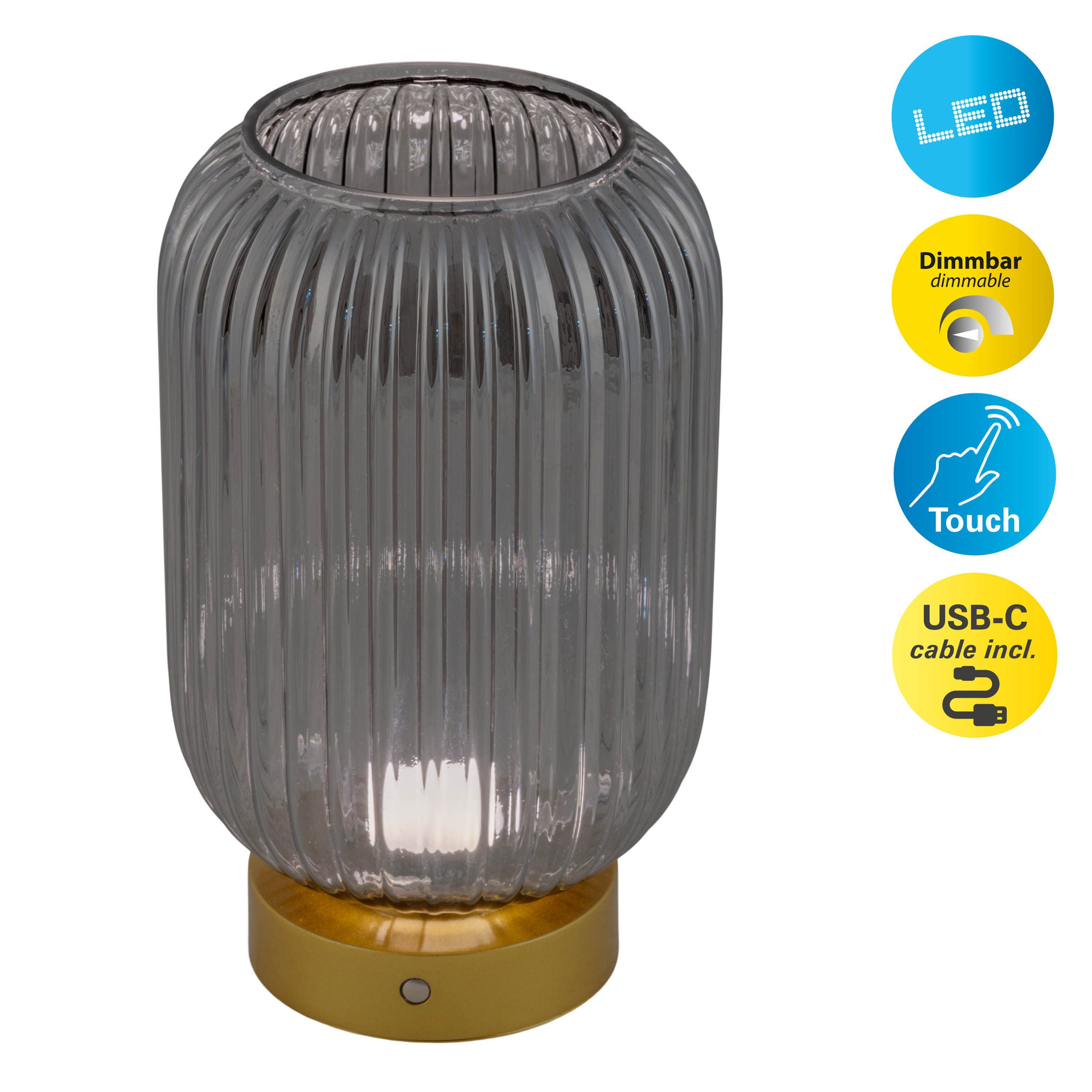 näve LED Tischleuchte Luise, LED wechselbar, Warmweiß, Akkuleuchte gold, aufladbar USB Typ C, dimmbar per Berührungssensor