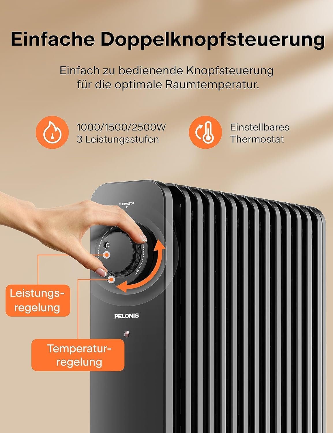 13 W, mit Heizlüfter, Ölradiator Heizung Energiesparend Pelonis Thermostat 2500 Elektrische Rippen