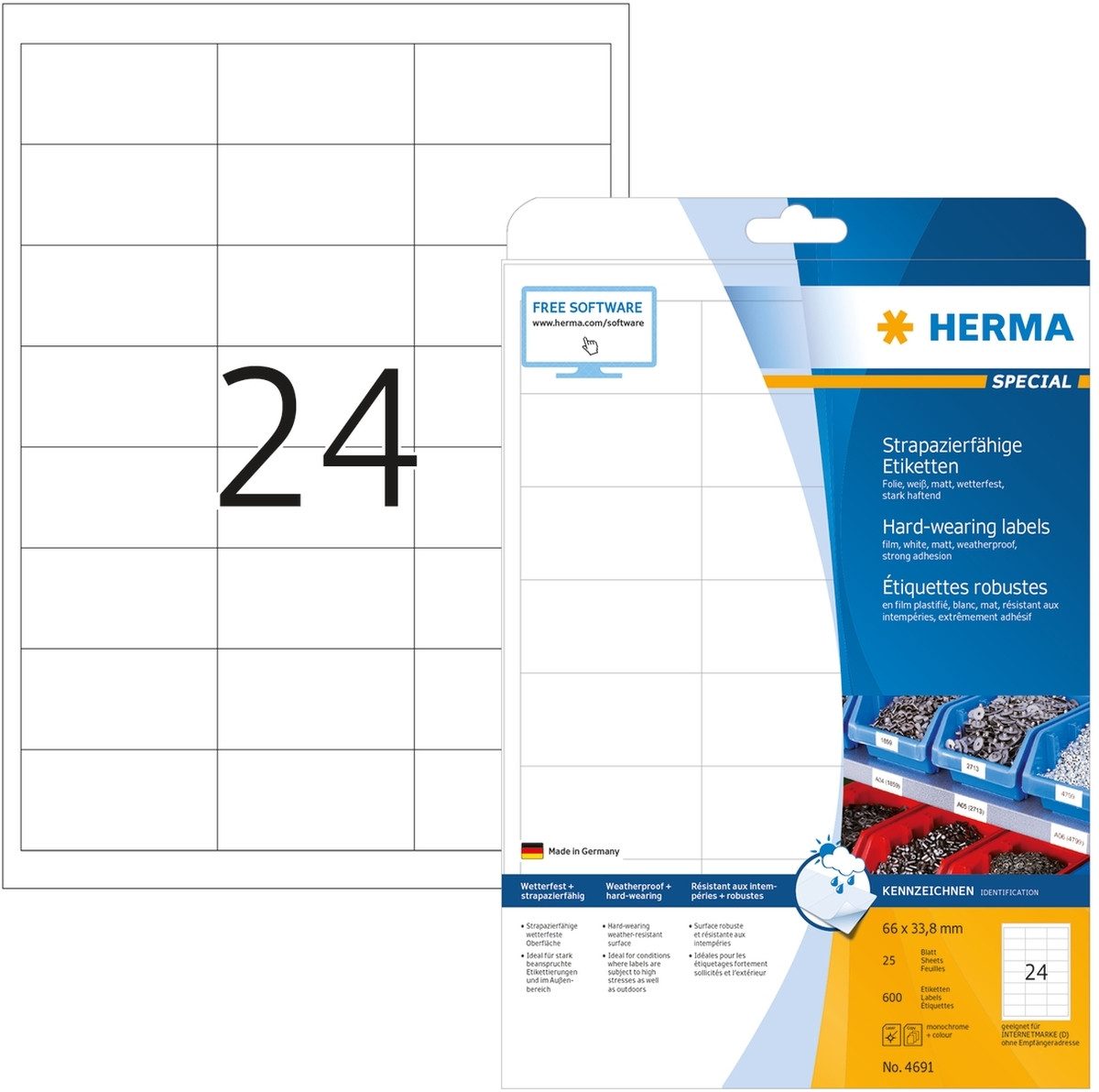 HERMA Etiketten Etiketten Folie weiß 66x33,8mm Special A4 LaserCopy VE=600 Stück