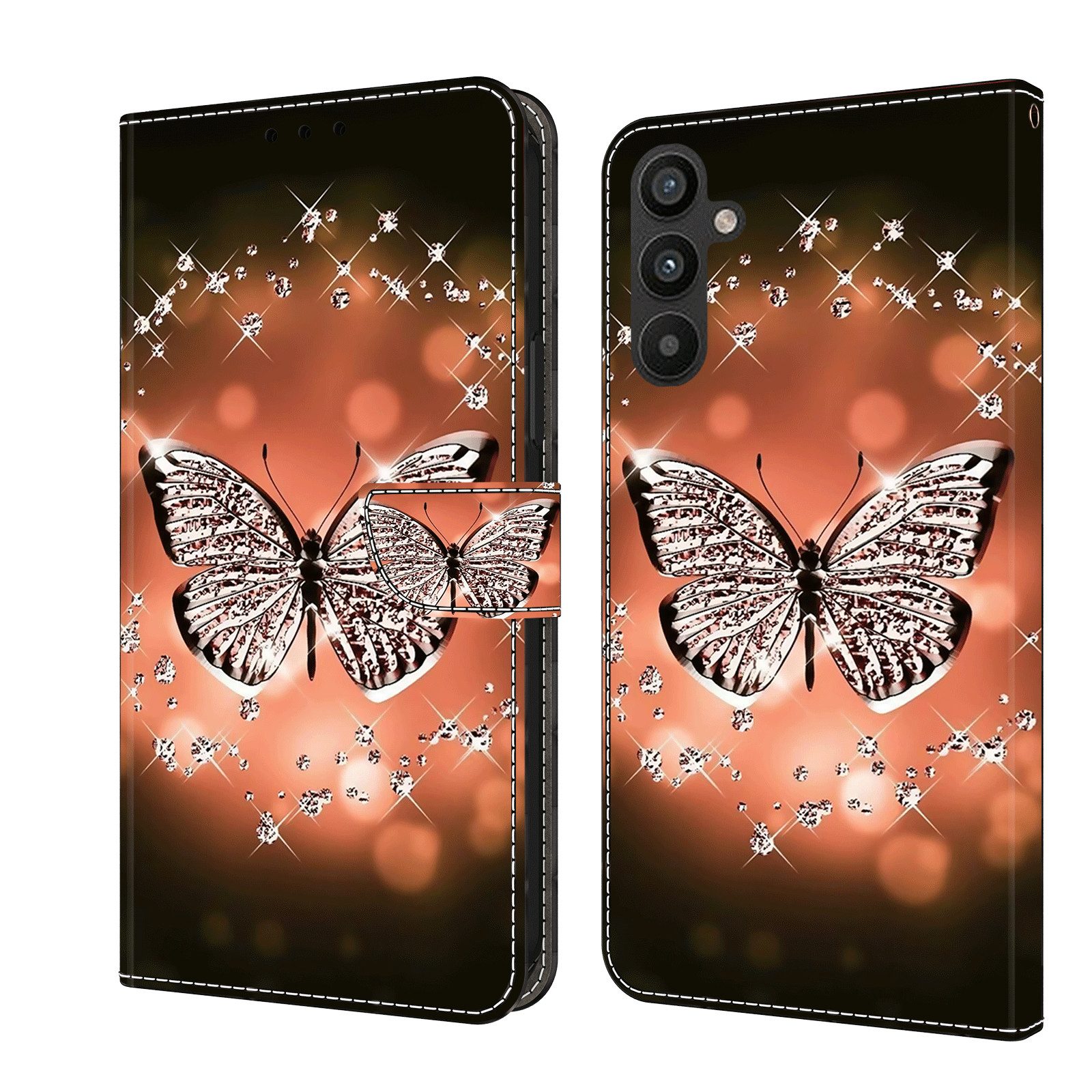 CLM-Tech Handytasche für Samsung Galaxy A26 5G Hülle aus PU-Leder Klapphülle (Schmetterling Diamanten Muster, Handyhülle mit Standfunktion - Wallet Flip Case inklusive Kartenfächer), Cover mit Magnetverschluss Samsung Galaxy A26 5G Schutzhülle