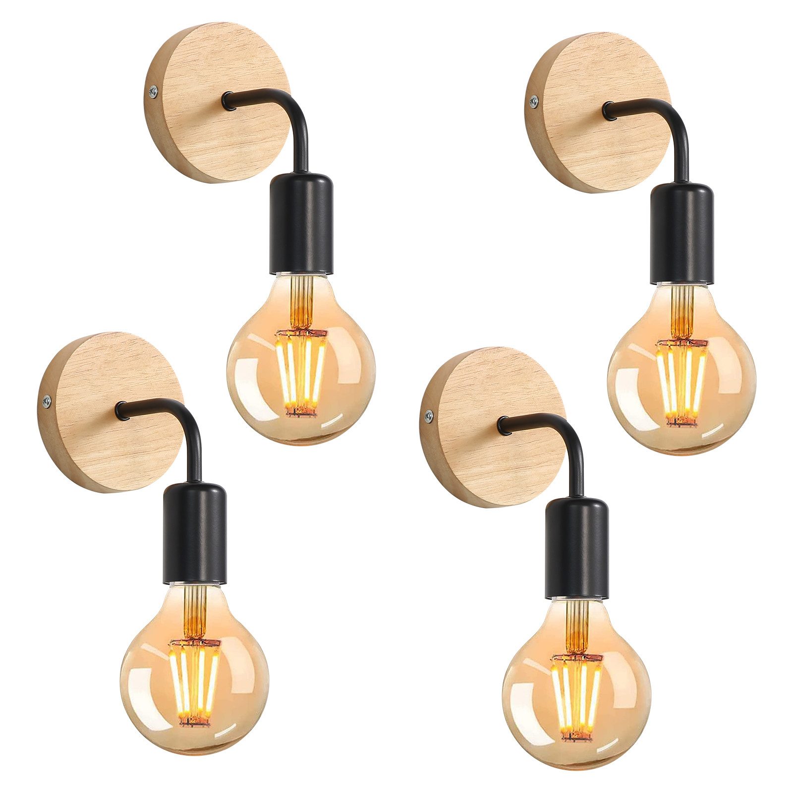 LED Wandleuchte Wandleuchte 2er Set E27 Schwarz Holz, Wandlampe Vintage