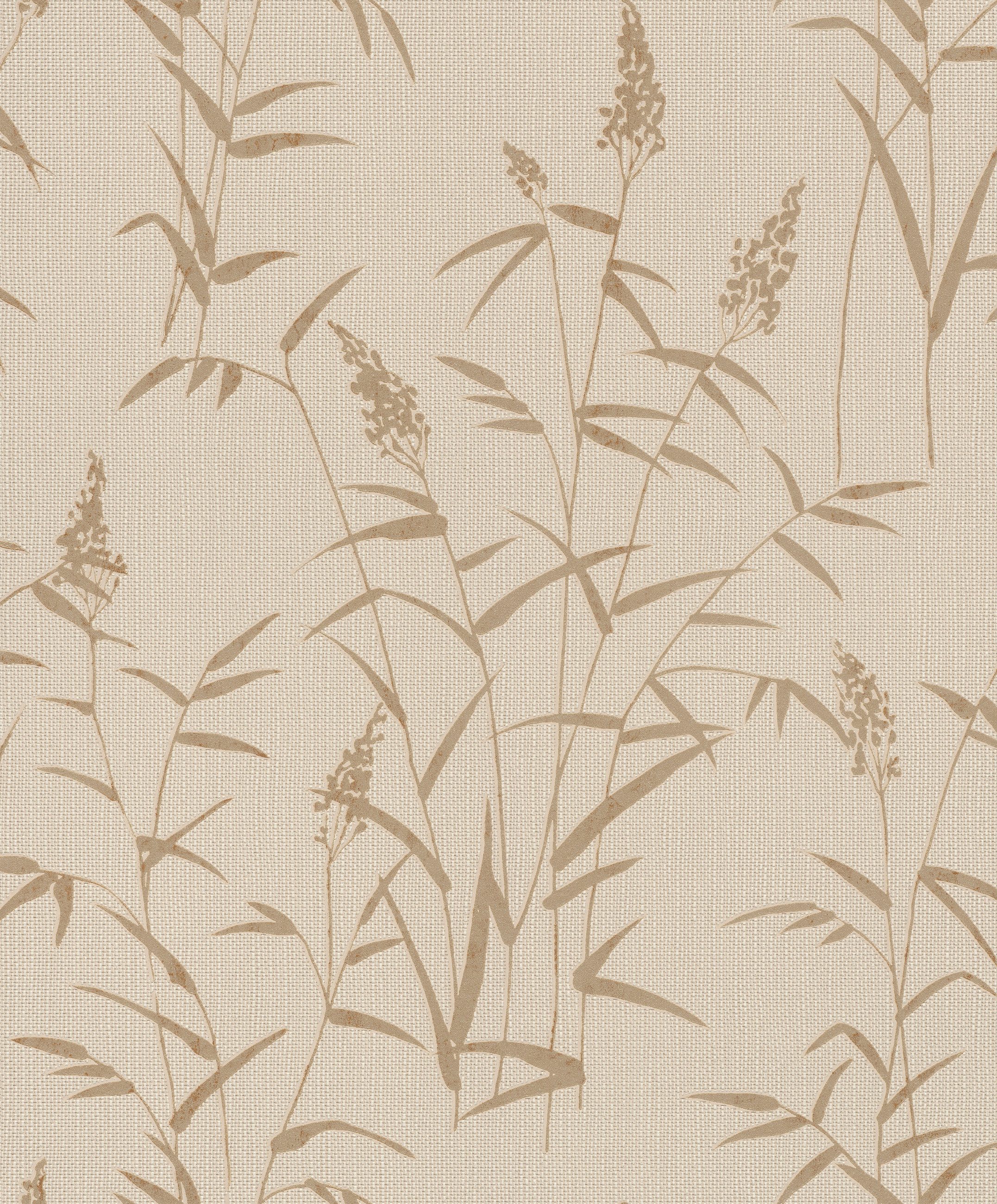 Rasch Vliestapete Gräser - Vliestapete Beige Gold, floral, glänzend, Textiloptik, (1 Rolle, 1 St., Kollektion 'Deco Style' - 10,05 m x 0,53 m), Lichtbeständige Farben - Feucht abwischbar - Restlost abziehbar
