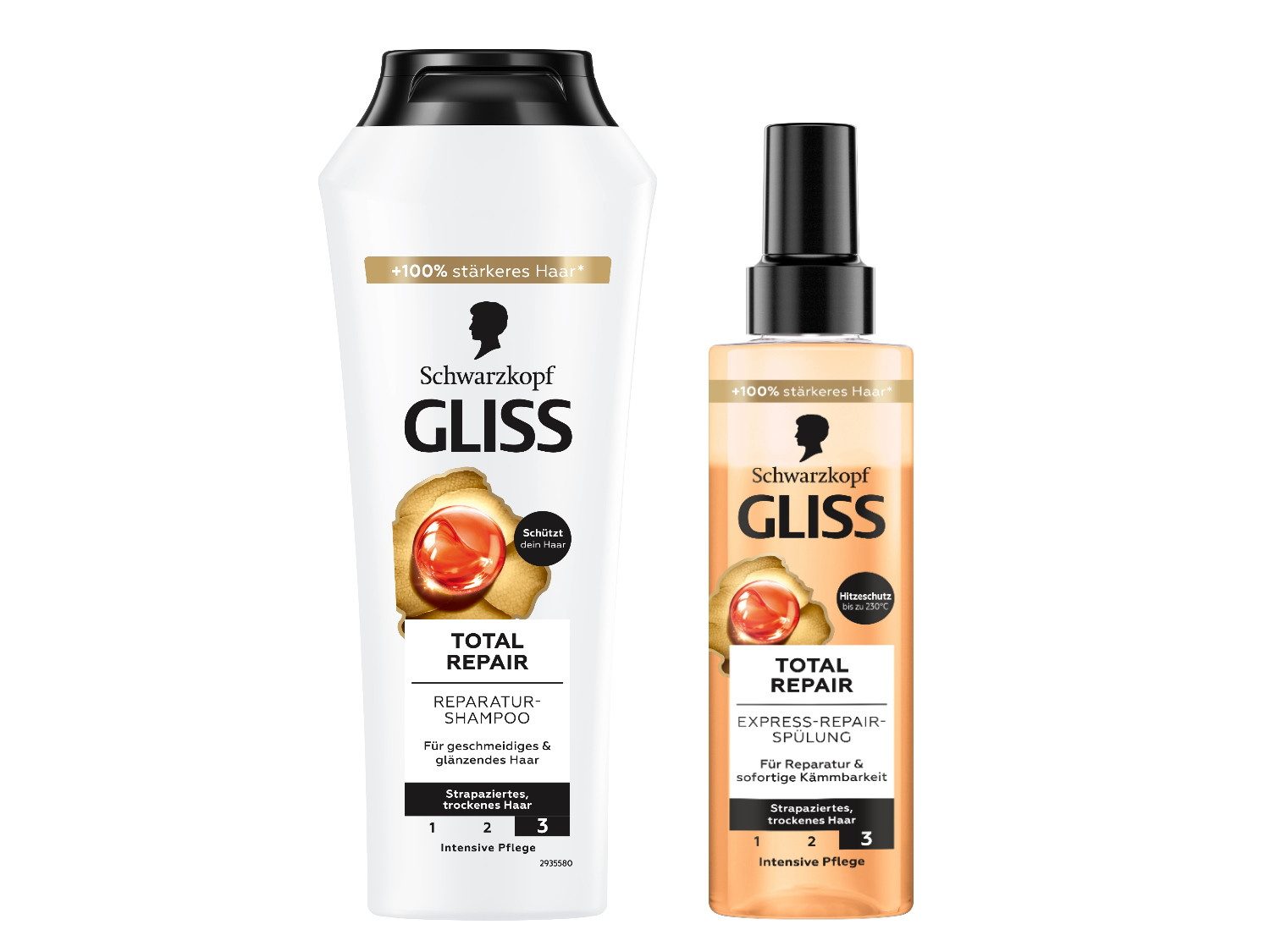 Gliss Haarshampoo Total Repair 250ml & Express-Repair-Spülung 200ml, 2-tlg., Pflegeshampoo, Sprüh-Spülung, Pflegespülung, Hitzeschutz