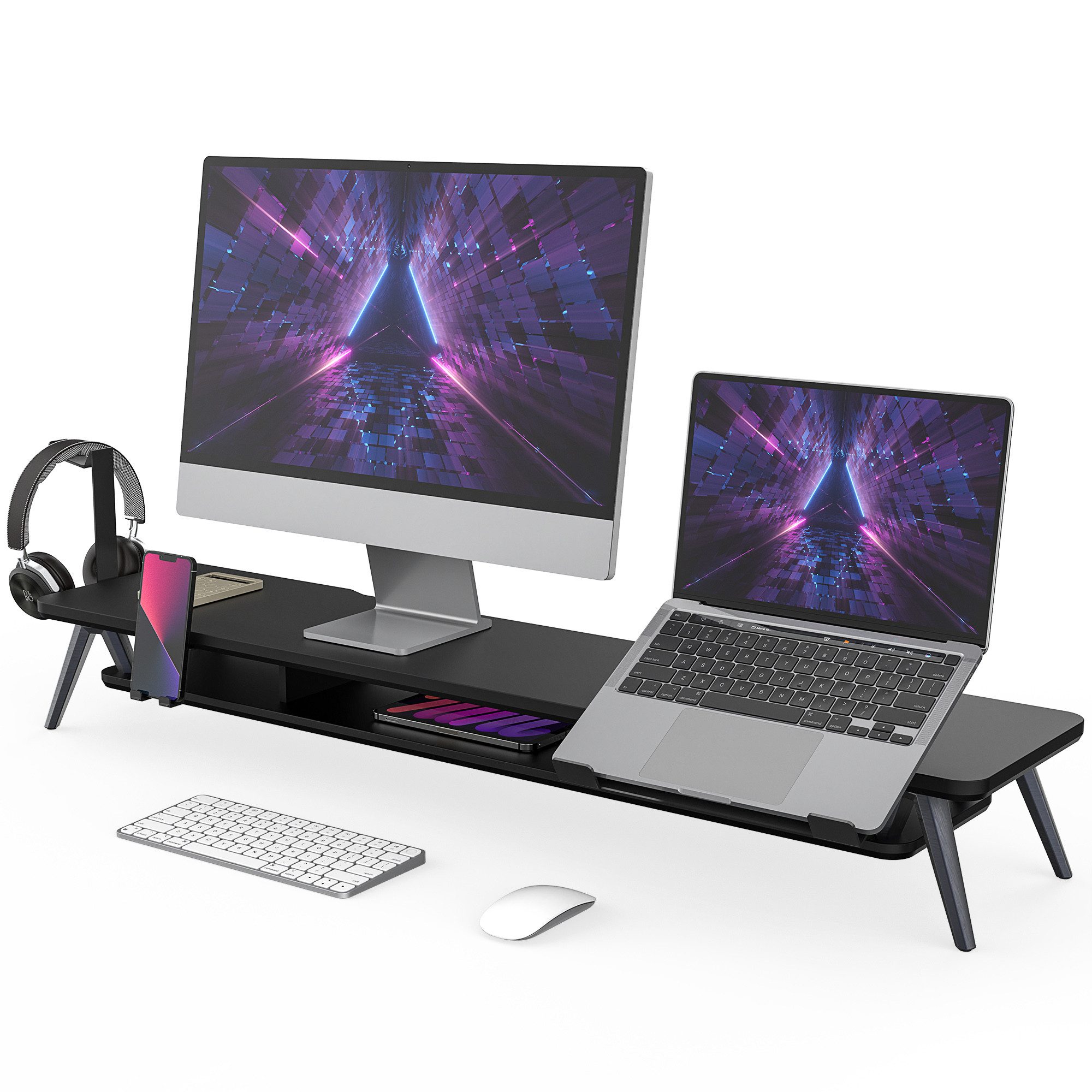 Fenge Monitorständer mit Handyhalterung, Laptop-Ständer und Kopfhörerhaken, 108 cm breit, (Laptop-Ständer verstellbar, wasserabweisend, kratzfest)