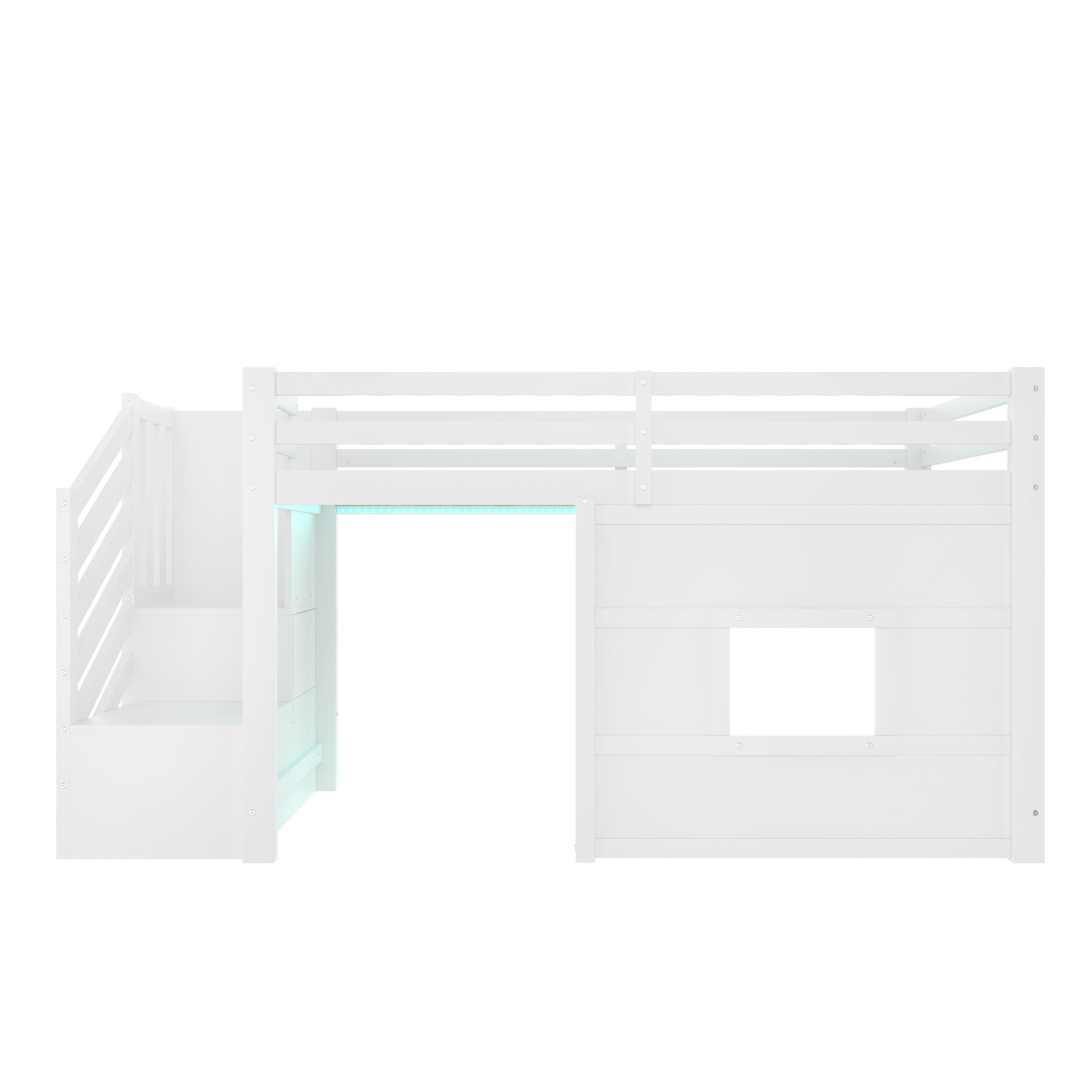 Flieks Hochbett Fenster-Form Kinderbett Holzbett 90x200cm mit LED und Stauraumtreppe