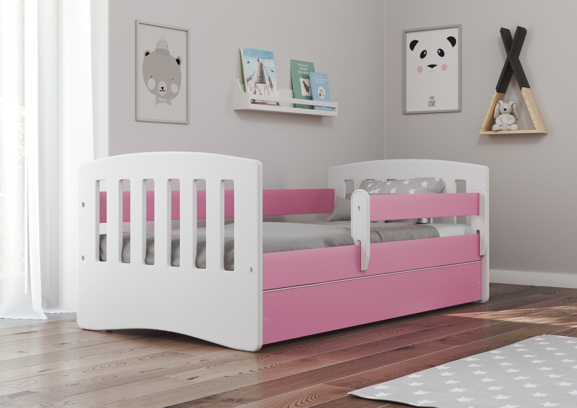 Bjird Kinderbett Classic 80x140cm 80x160cm 80x180cm (mit Rausfallschutz Schublade und Lattenrost), verschieden Farben für Mädchen und Jungen, (optional mit Matratze) rosa