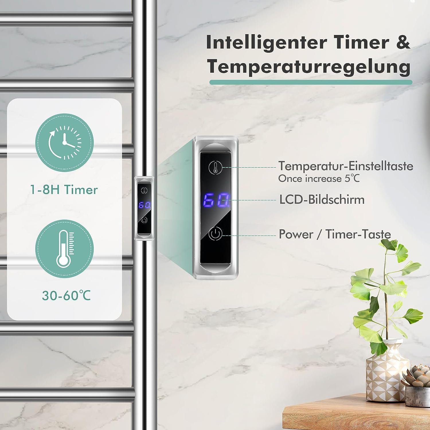 KOMFOTTEU Elektrischer Badheizkörper, mit LED-Touchscreen & Thermostat