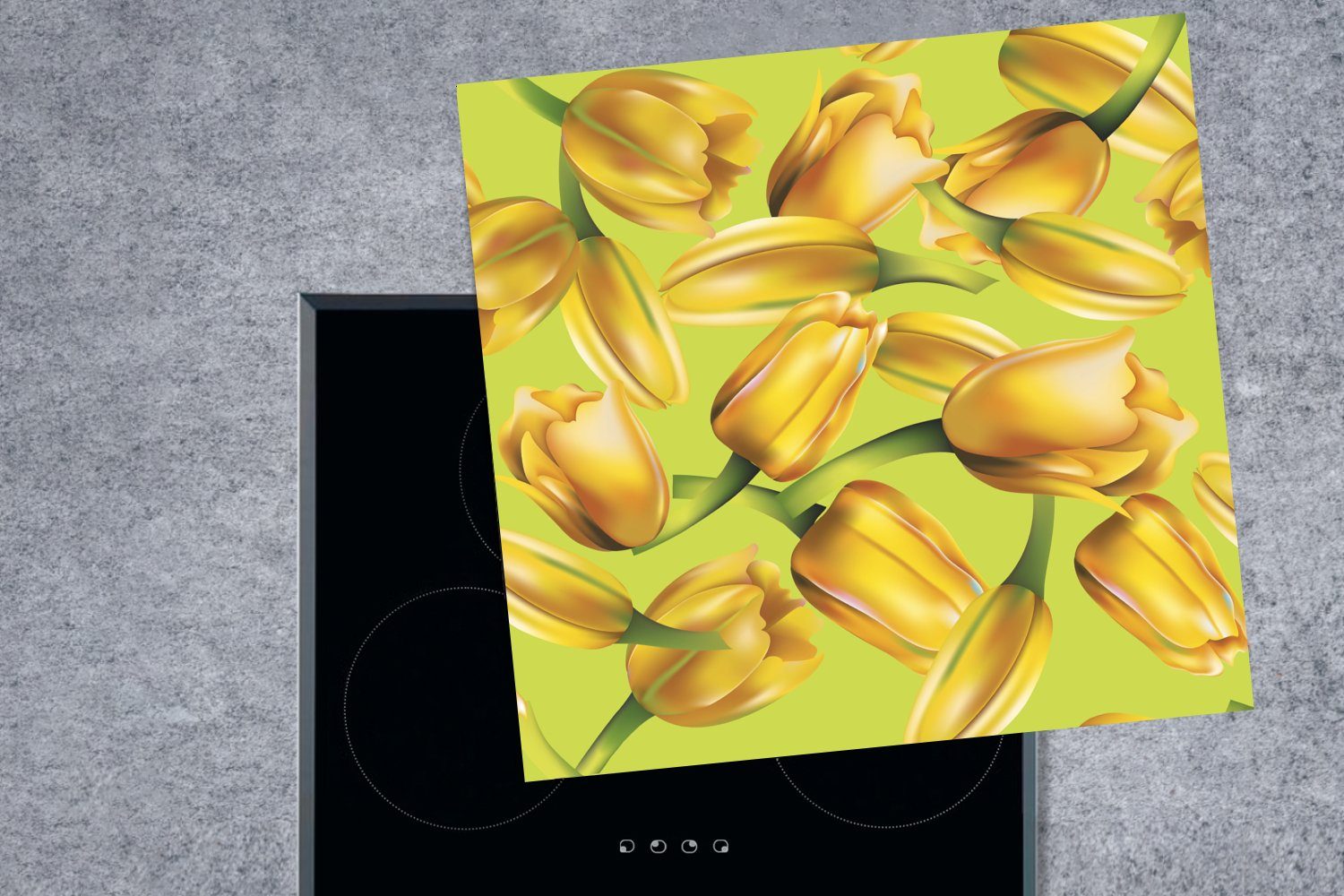 MuchoWow Herdblende-/Abdeckplatte Eine Illustration von gelben Vinyl, 78x78 Arbeitsplatte auf Hintergrund, küche (1 grünen tlg), Tulpen für einem cm, Ceranfeldabdeckung