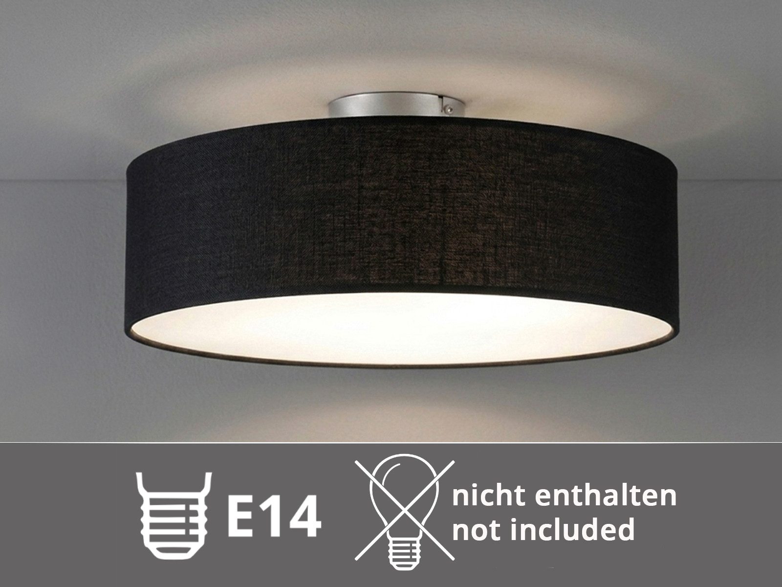 meineWunschleuchte Deckenleuchte mit Stoff Lampenschirm Schwarz Ø 40cm, ohne Leuchtmittel, Stoff-Lampe, gemütliche Deckenlampe, E14 Schlafzimmerlampe rund – Bild 5 von 5