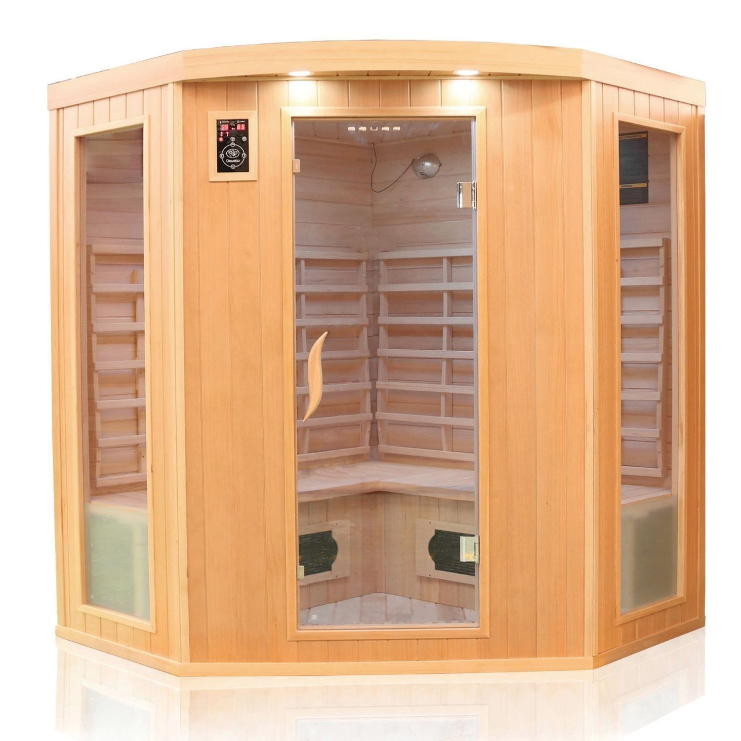 Dewello Infrarotkabine HALEY 160 Wärmekabine, bis zu 4 Personen, 8 Keramikstrahler, BxTxH: 160 x 160 x 190 cm, (Farblichttherapie, Ionisator mit Ozondesinfektion und Aromatherapie, Multimedia, LED) Sauna aus Hemlock-Tannenholz, leichter Aufbau, Stecksystem