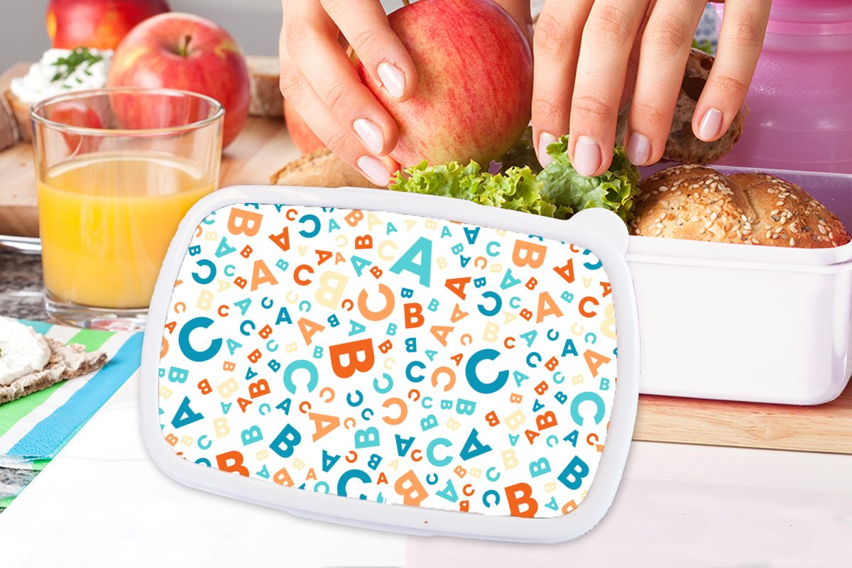 MuchoWow Lunchbox Buchstaben weiß Muster, Kunststoff, Kinder und Abc (2-tlg), und für Blau für - Mädchen Erwachsene, - - Brotbox Jungs - Orange Brotdose