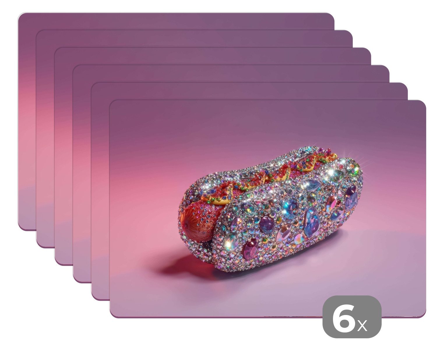 MuchoWow Platzset Hot Dog - Strasssteine - Glitzer - Lila, (6-St), Platzsets, Tischset, Abwaschbar, Tischsets, Platzdeckchen