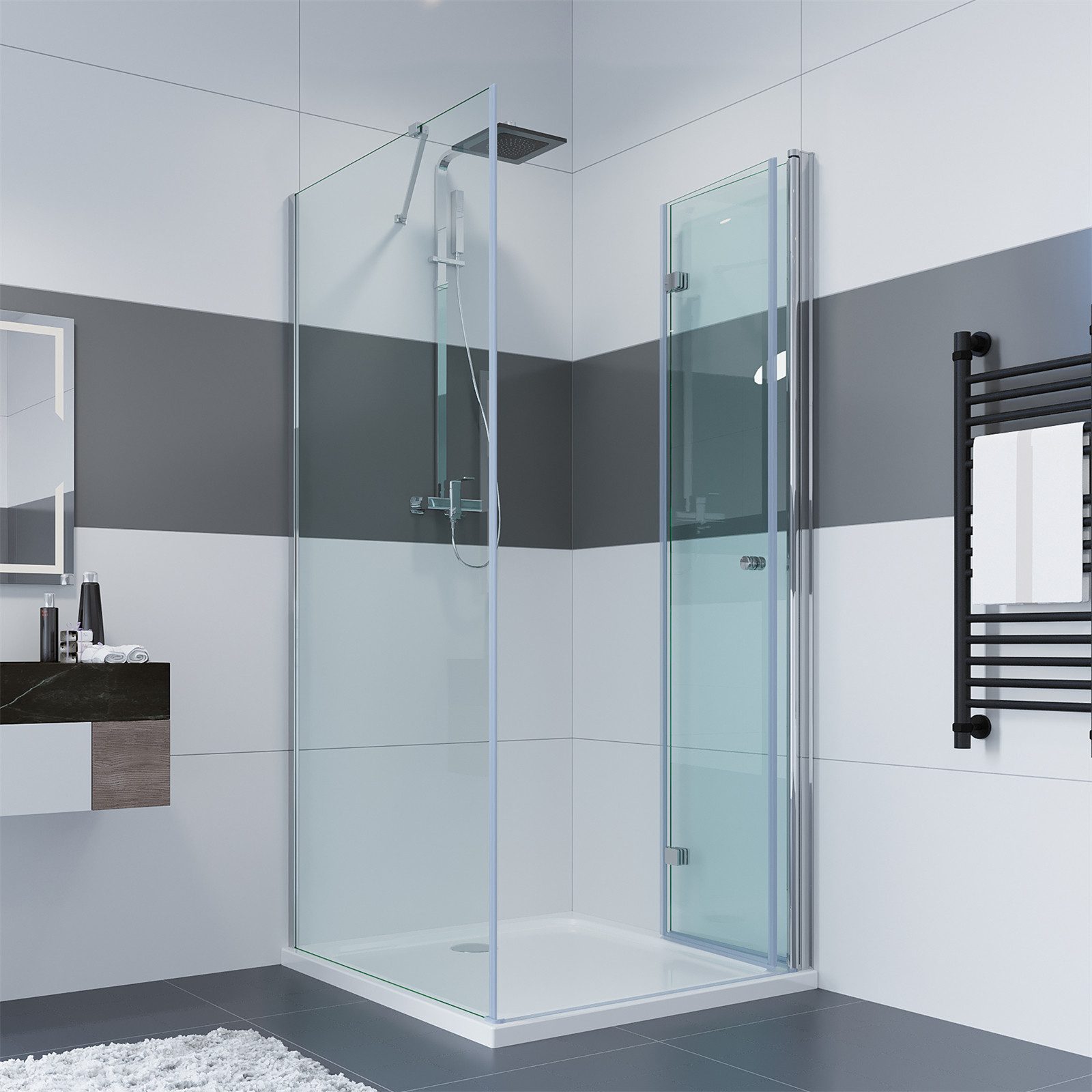 IMPTS Eckdusche Duschtür Falttür mit Seitenwand, BxT: 70x70 cm, Einscheibensicherheitsglas, Sicherheitsglas, Duschkabine Eckeinstieg falttür Duschtür, Duschabtrennung, ohne Duschwanne & Ablauf