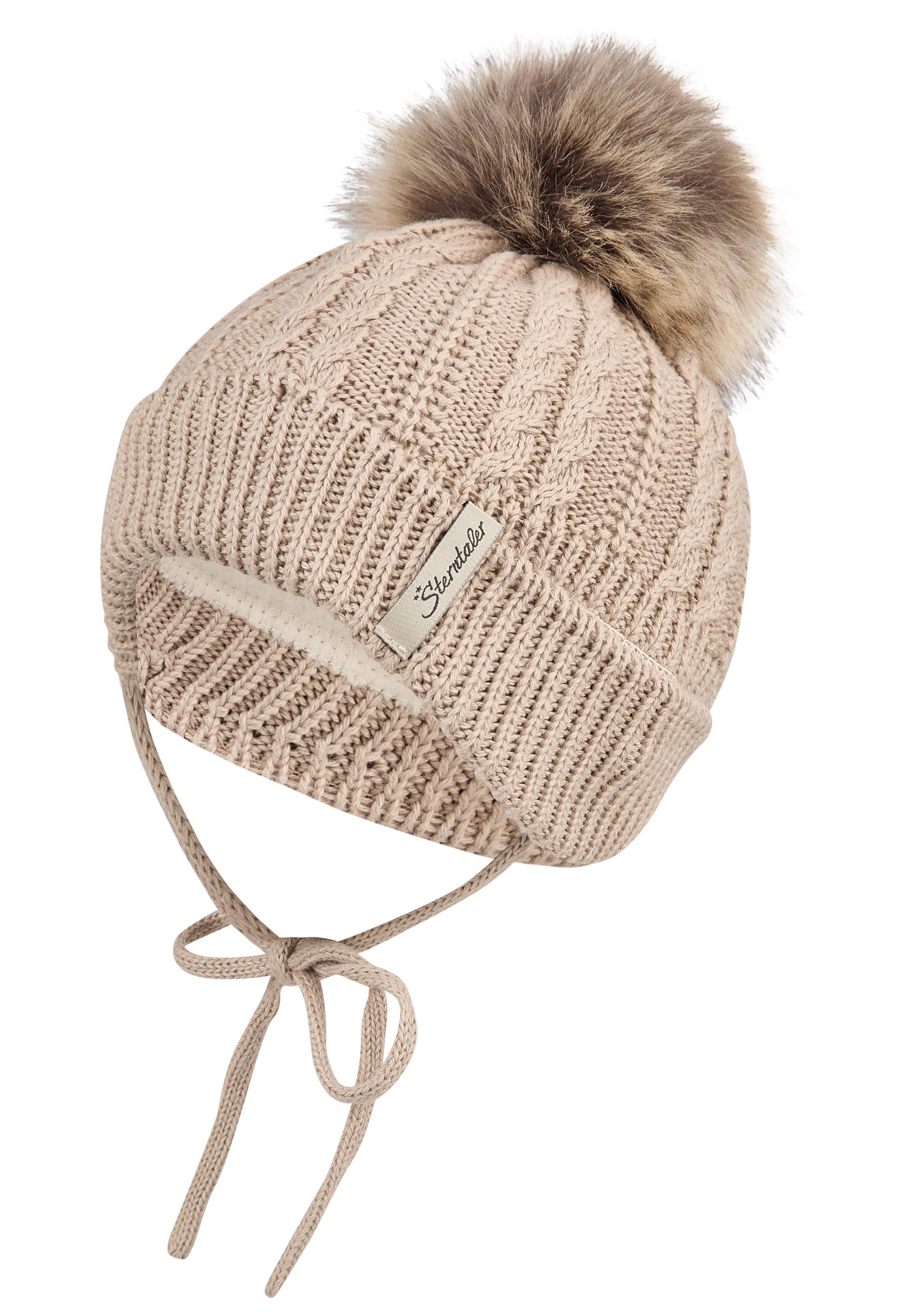 Sterntaler® Strickmütze Strickmütze Zopfmuster (1-St) Zopfmuster, Kunstpelz-Pompon, warme Ohrenklappen