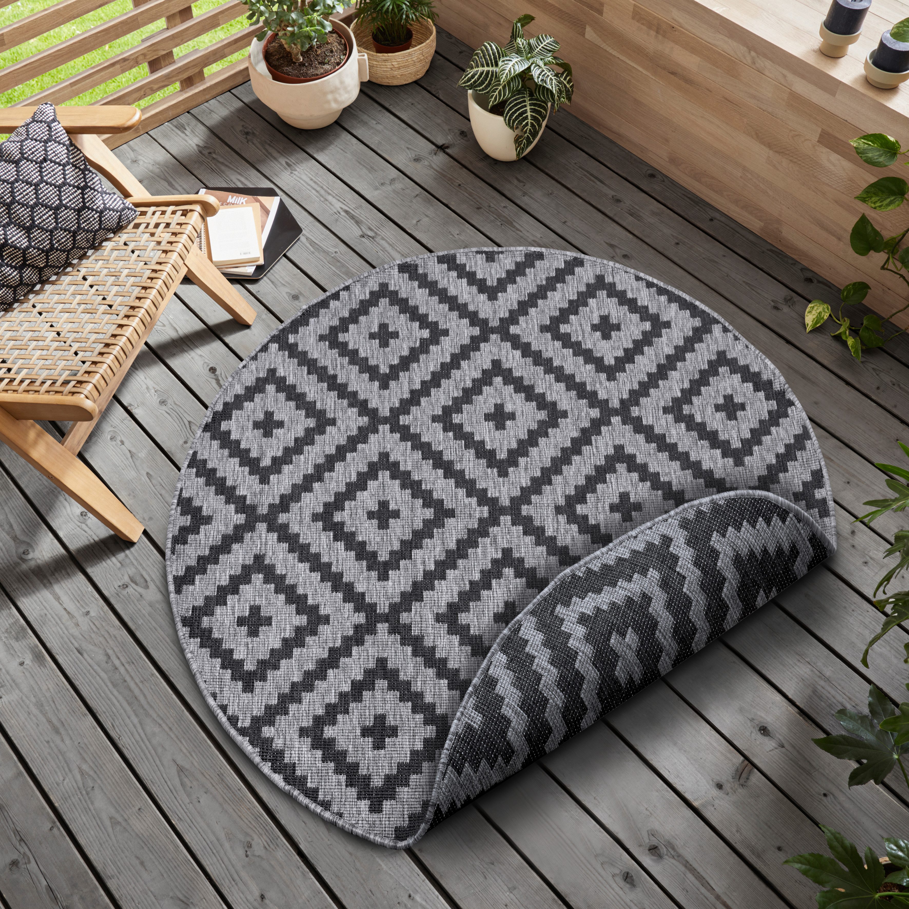 OTTO home Teppich Ronda Wendeteppich, rund, Höhe: 5 mm, Sisal-Optik, Flachgewebe, In- und Outdoor, geometrisches Boho Design