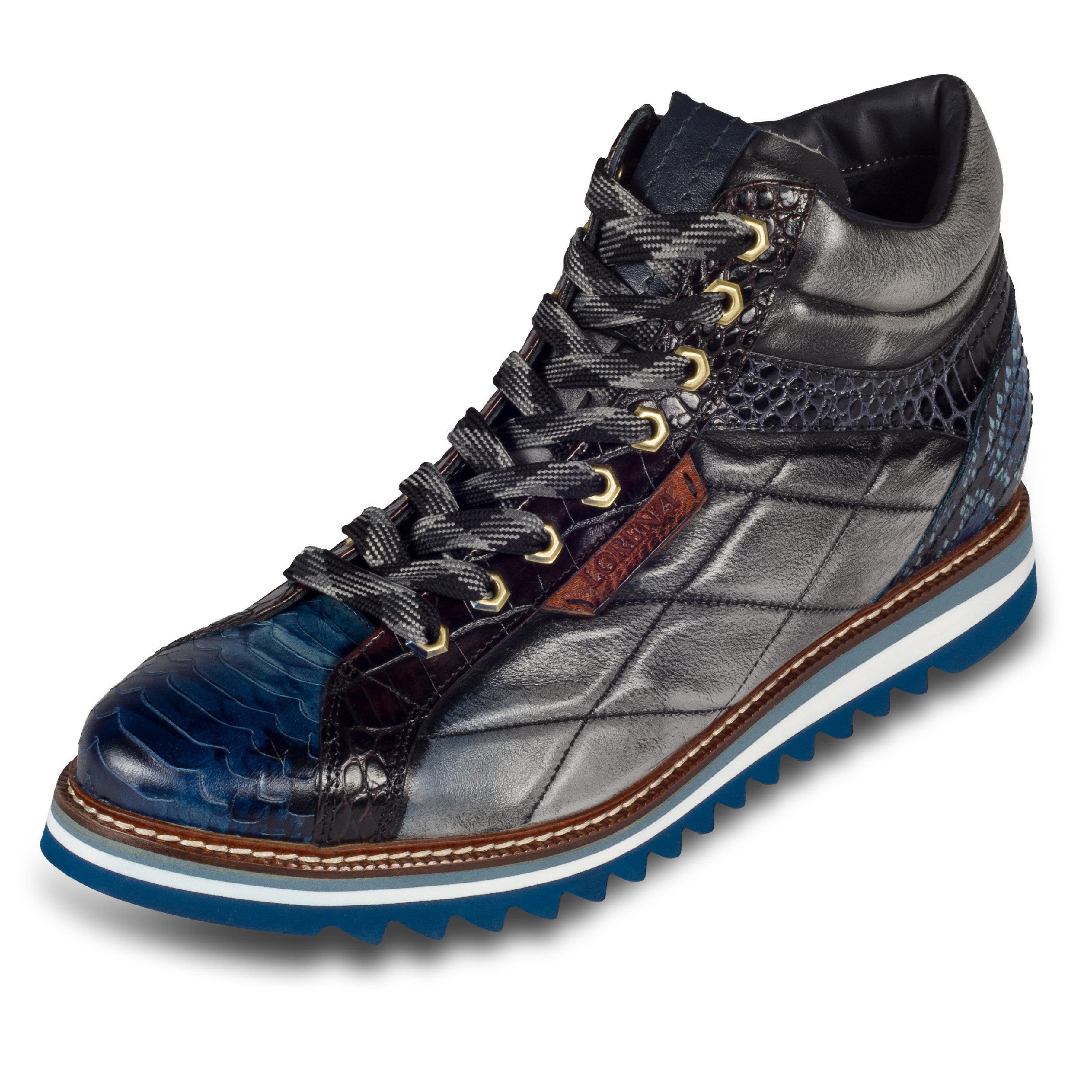 Lorenzi Herren Sneaker-Stiefel blau/grau - Leder mit Lammfell, Reißverschluß Sneaker Handgefertigt in Italien