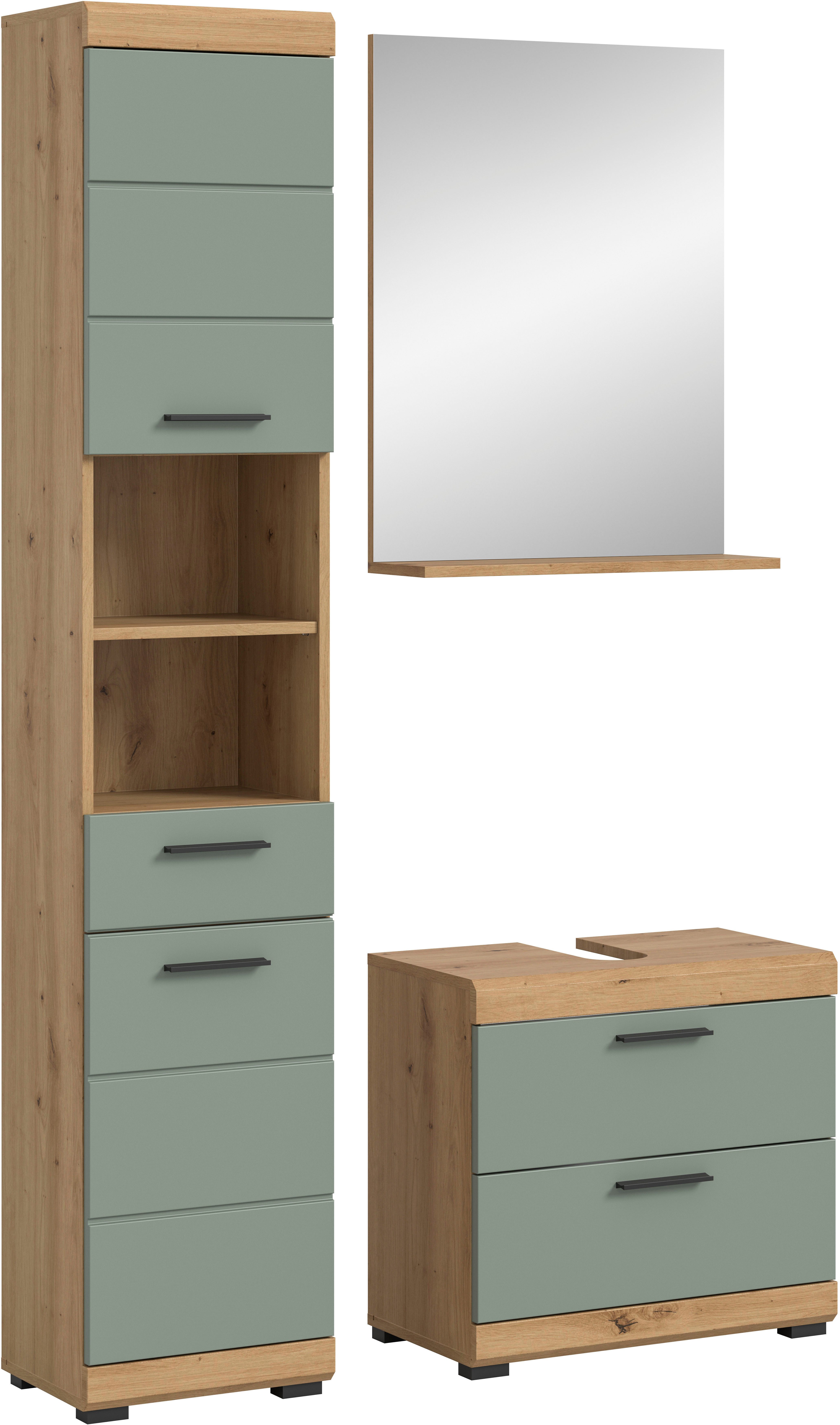 welltime Badmöbel-Set Siena, 3 teilig, bestehend aus:, (Set, 3-St., TOPSELLER), Hochschrank, Waschbeckenunterschrank, Spiegel