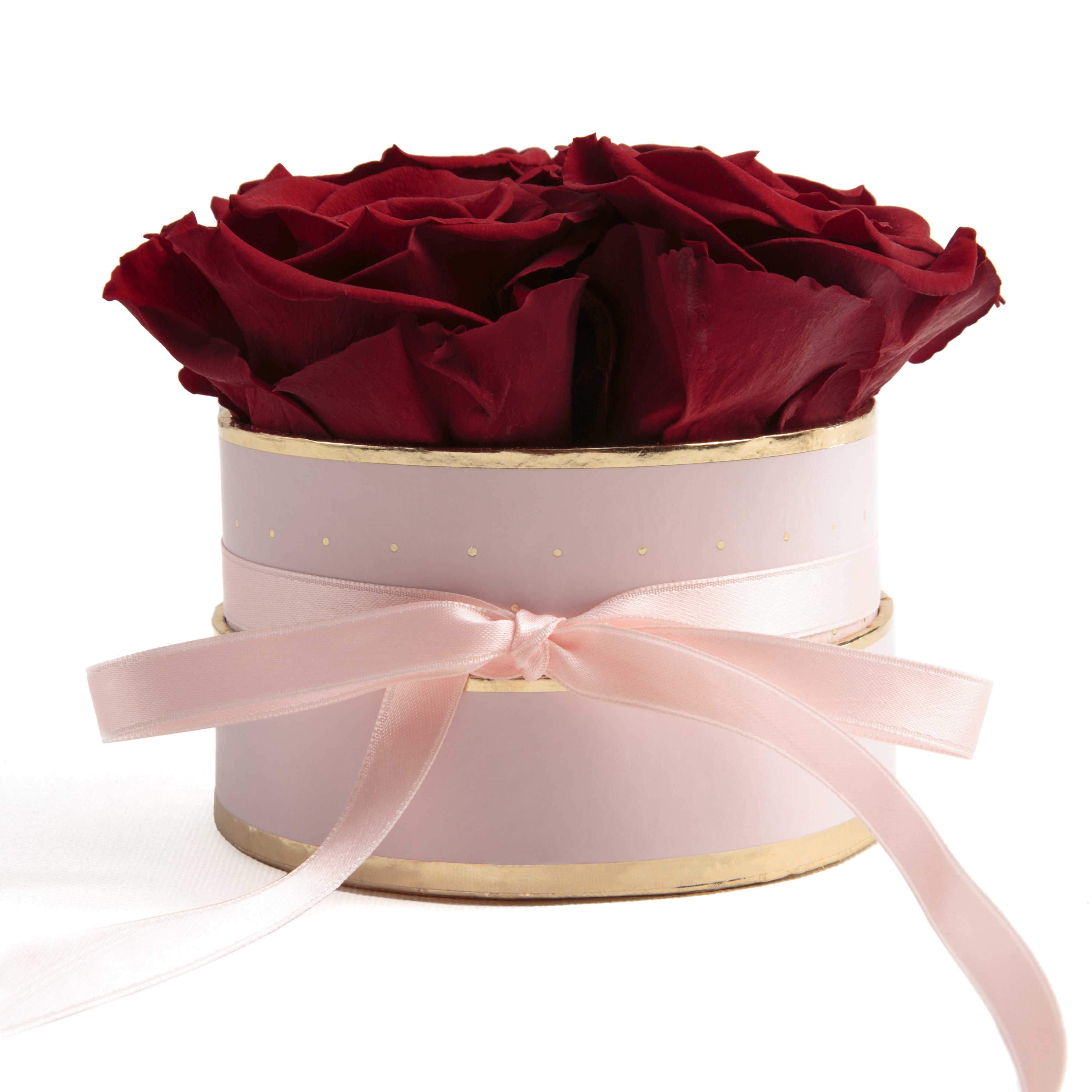 Kunstblume Infinity Rosenbox rosa rund 4 konservierte Rosen Geschenk für Frauen Rose, ROSEMARIE SCHULZ Heidelberg, Höhe 10 cm, echte konservierte Rosen Burgundy