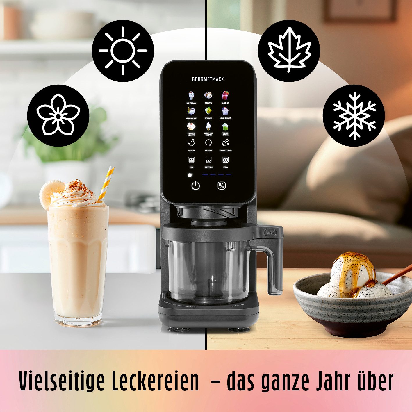 GOURMETmaxx Eismaschine SmoothUp Touch 700 Watt - Eiscreme-Maschine + 9 Programme, 700 W, Speiseeisbereiter + LED Display, Sorbet-Maschine - 2 Becher inklusive