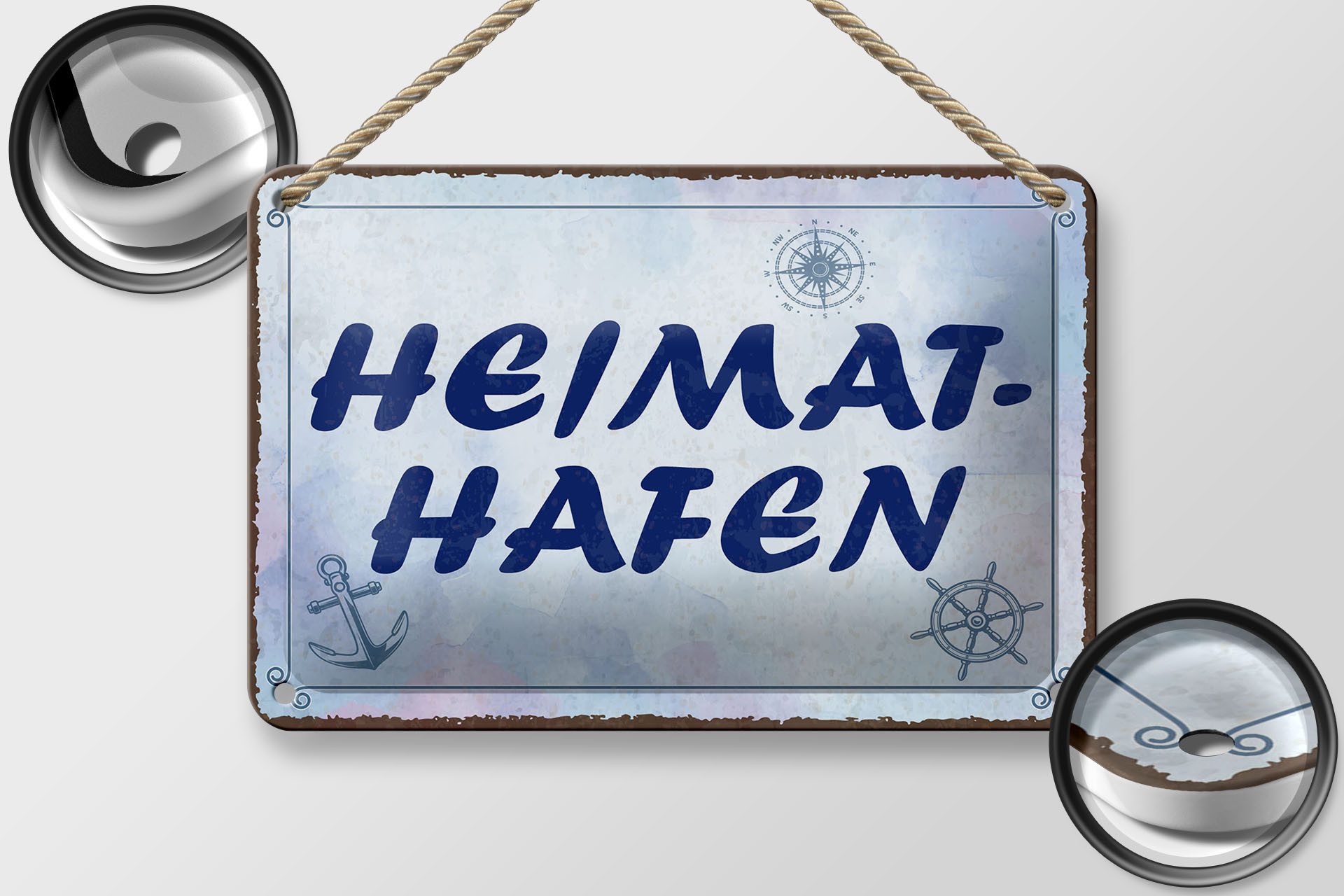 Femer GmbH Metallschild Spruch 12x18 cm Heimathafen blaues, (1 St), gewölbte Oberfläche, abgerundete Ecken, umgeschlagene Kanten