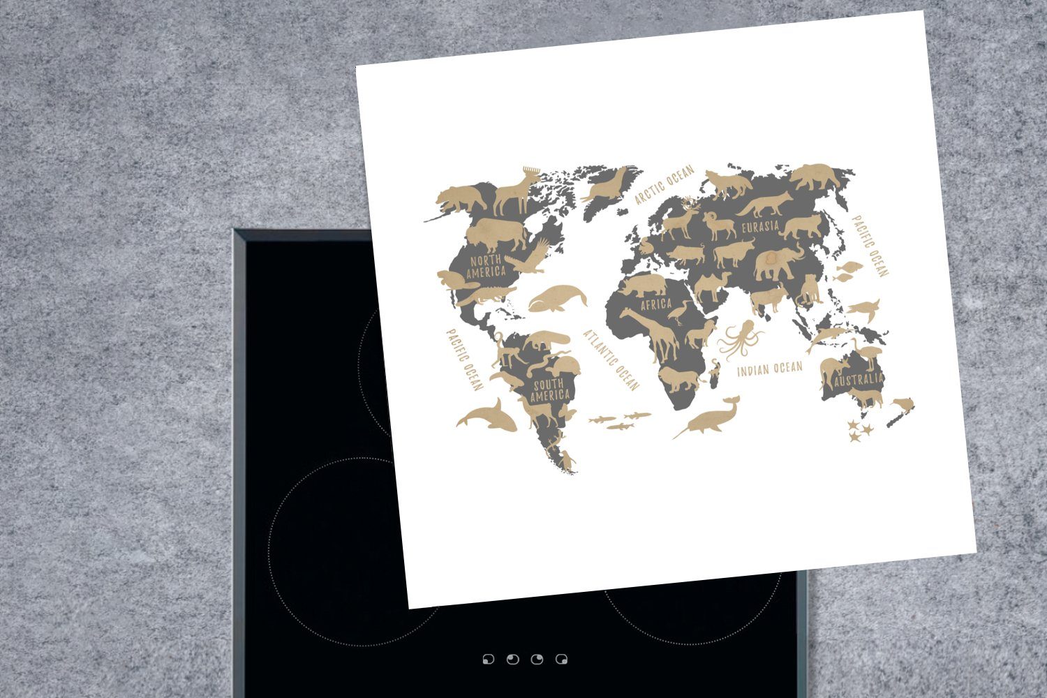 Herdblende-/Abdeckplatte küche Weltkarte Tiere, tlg), 78x78 für - Vinyl, Kinder Ceranfeldabdeckung, - MuchoWow cm, Arbeitsplatte Braun (1