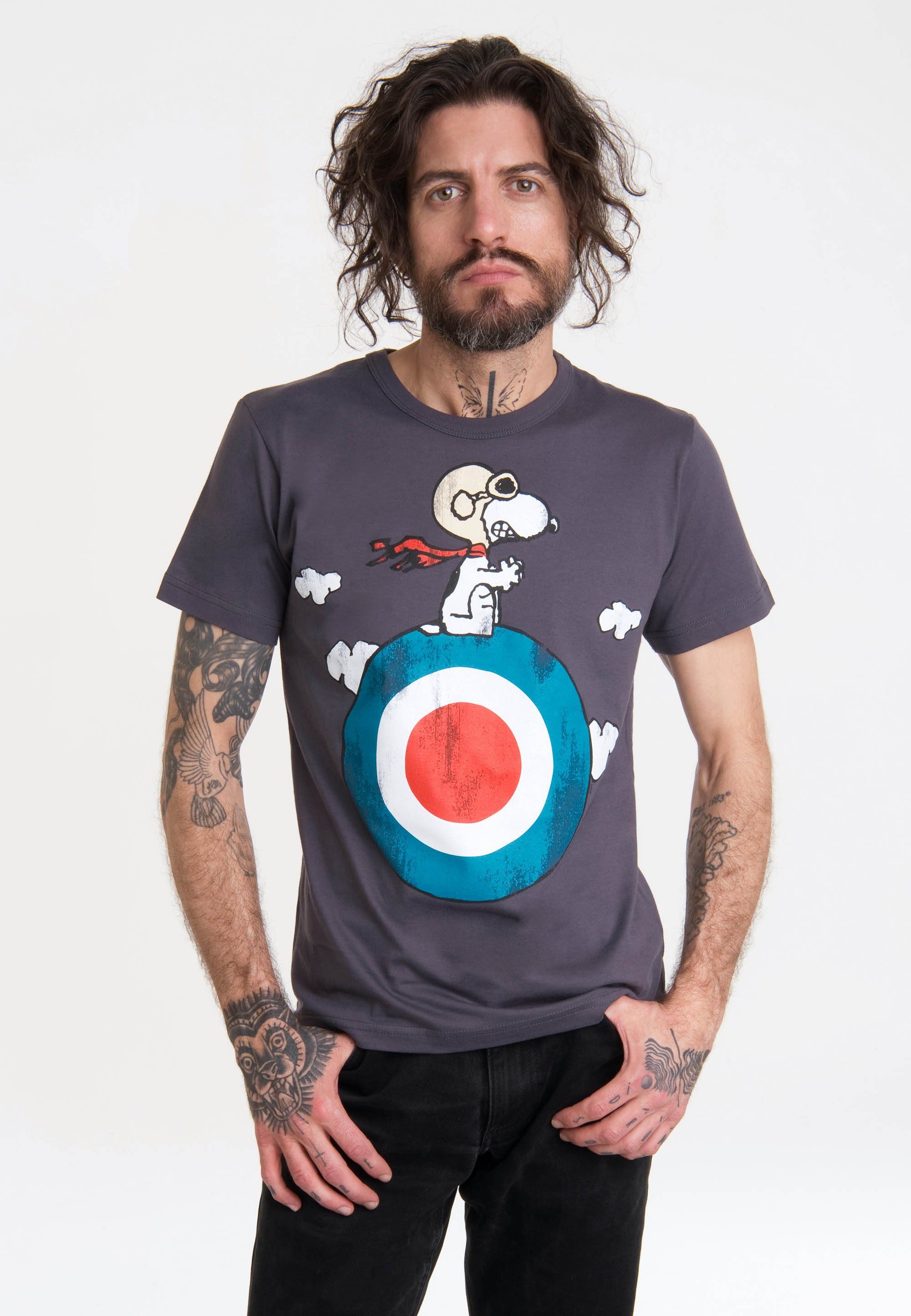LOGOSHIRT T-Shirt Peanuts - Snoopy Pilot mit lizenziertem Print blau-grau