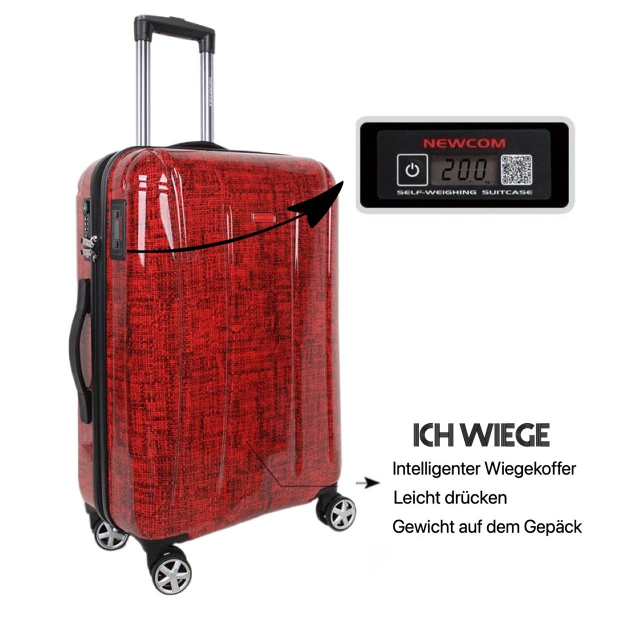 NEWCOM Hartschalen-Trolley Hartschalenkoffer 24 Zoll mit Selbstwiegefunktion 360° Doppelrollen, 4 Rollen,100% PC, TSA Schloss, Rot, Schutzfolie vor Gebrauch entfernen!