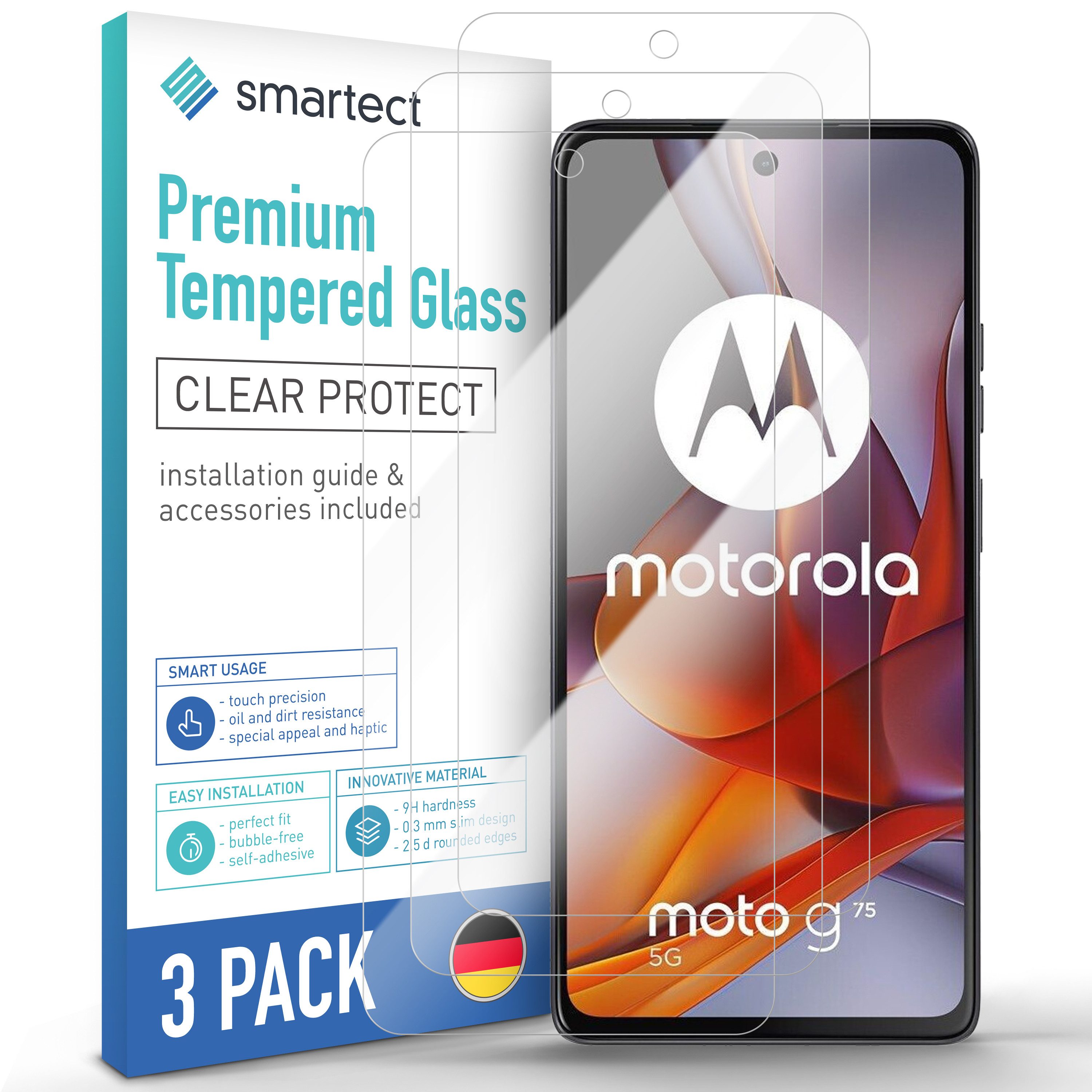 smartect Displayschutzglas 3X Schutzglas Panzerfolie Klar für Motorola Moto G75 5G für Motorola Moto G75 5G, Set, 3 Stück, 0.3 mm Ultra-klar, 9H Härte, Kratzfest, Stoßfest, Blasenfrei, Oleophob