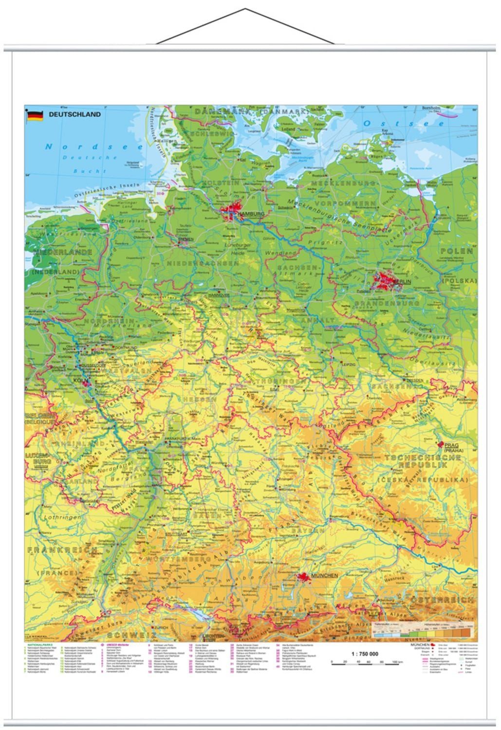 Deutschland physisch Wandkarte mit Metallbeleistung / Heinrich Stiefel