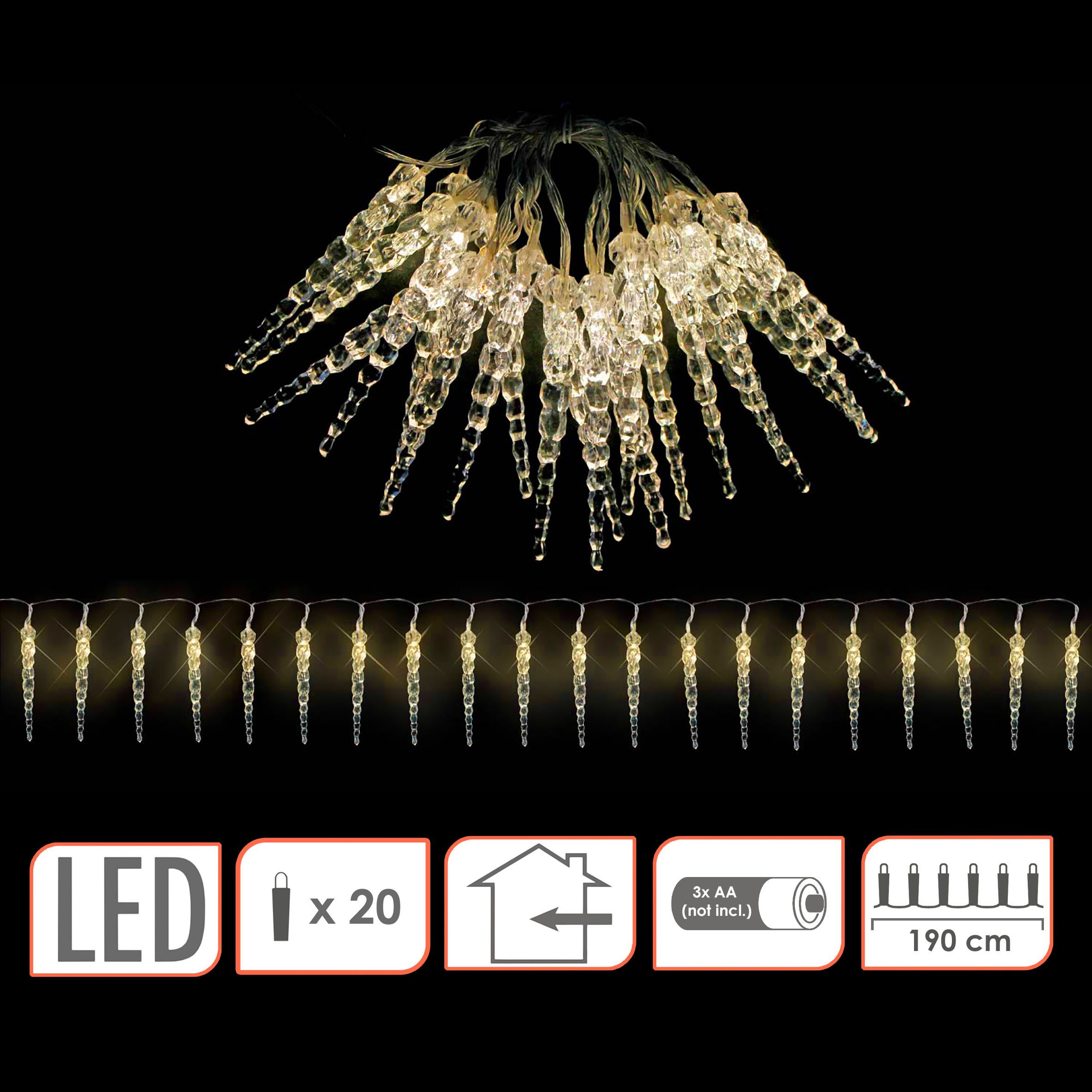 Spetebo LED-Lichterkette Eiszapfen aus Acryl- 190 cm - Deko Lichtkette mit 20 LEDs, 20-flammig, Batterie betrieben