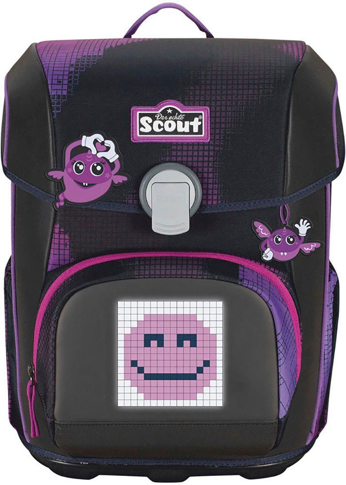 Scout Schulranzen Neo Movie Star, mit LED-Display, Pink Pixel (Set, 4-tlg), mit Powerbank, enthält recyceltes Material