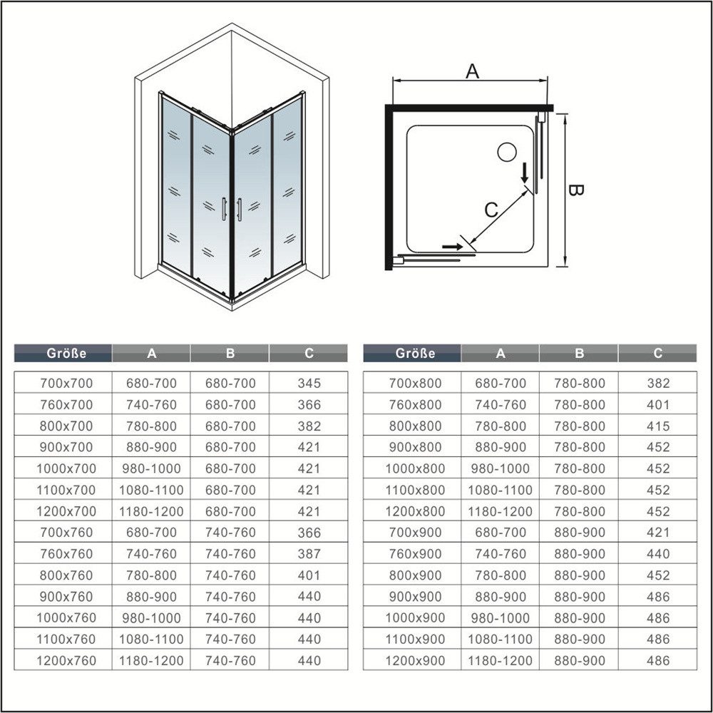 AICA Eckdusche 6mm ESG Schwarz Schiebetür Duschkabine Duschtür Duschabtrennung, BxT: 80x80 cm, Einscheibensicherheitsglas,Sicherheitsglas, Nano Glas,klare Optik,ebenerdiger Einbau möglich,mit Schiebetür