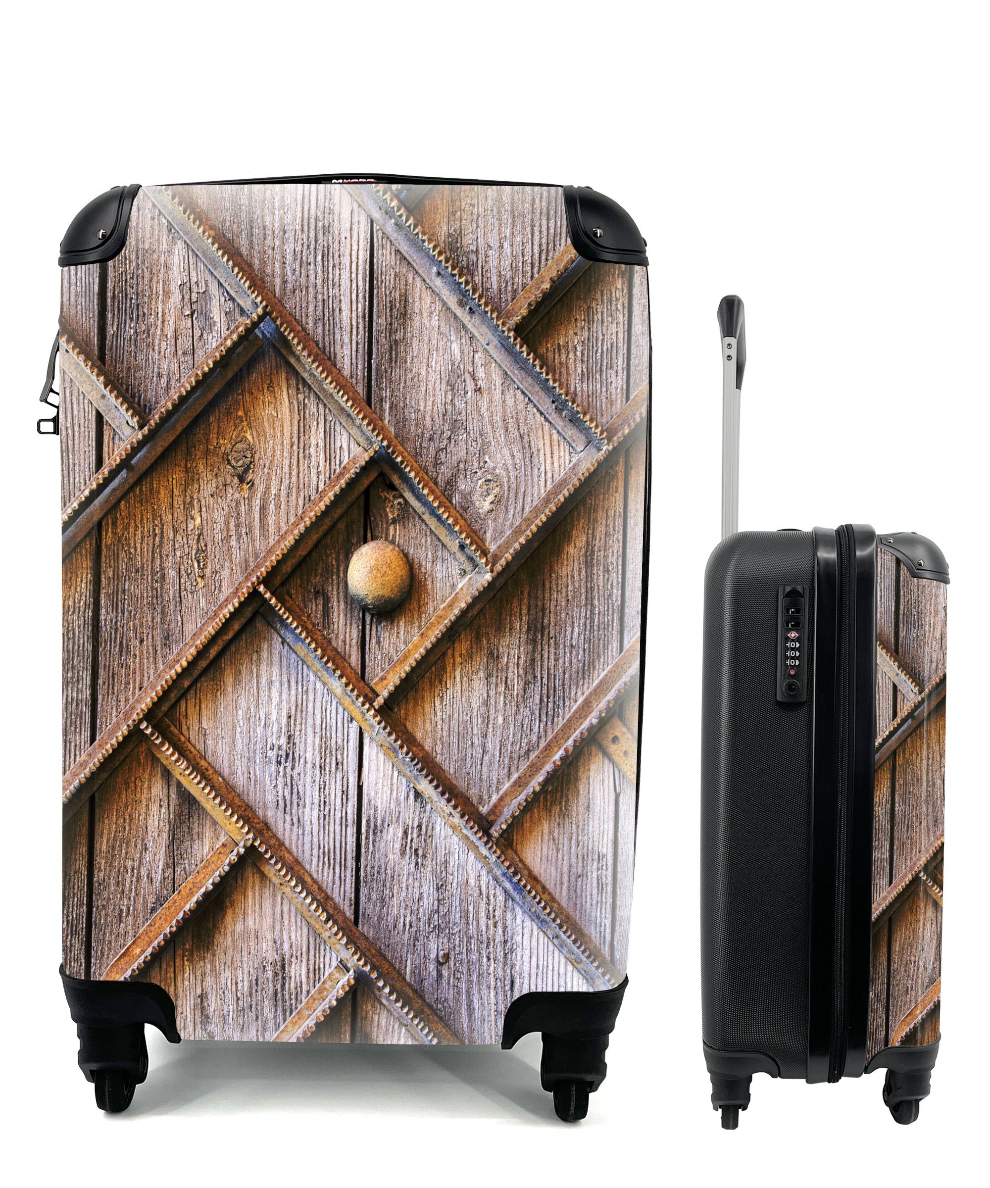 MuchoWow Handgepäckkoffer Holztür mit einer Eisenstruktur, 4 Rollen, Reisetasche mit rollen, Handgepäck für Ferien, Trolley, Reisekoffer