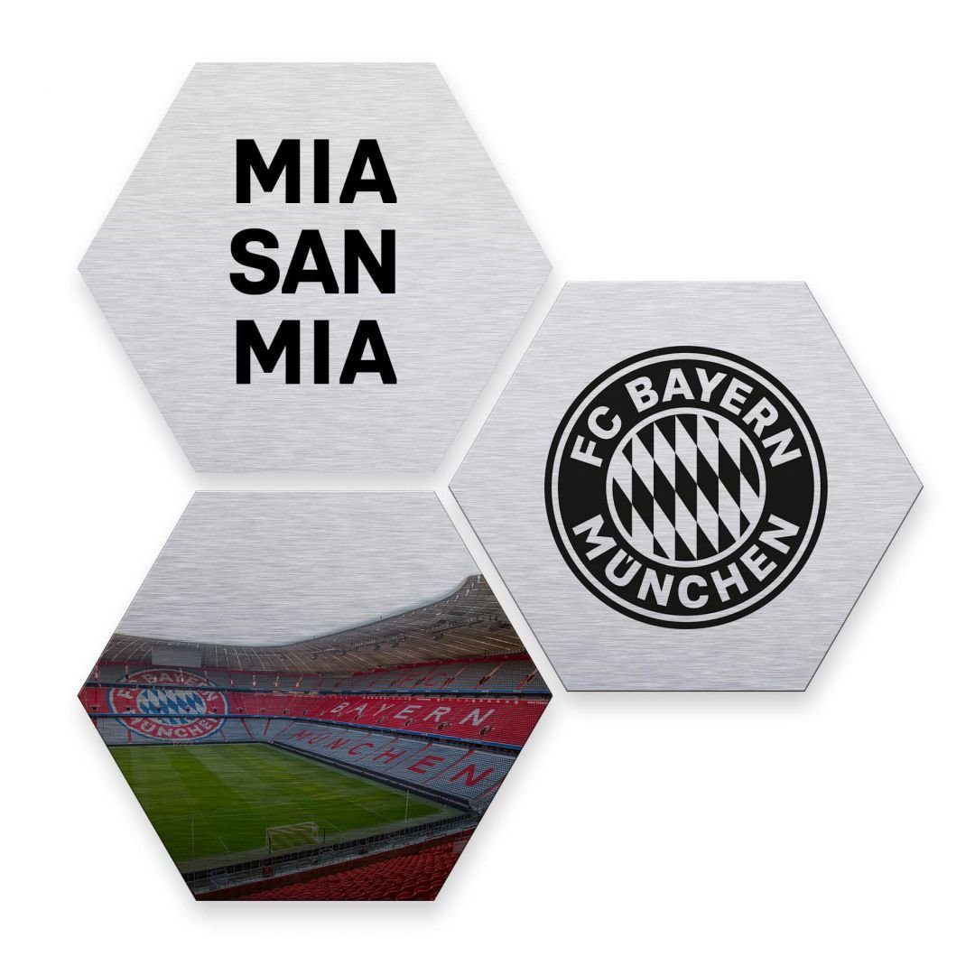 K&L Wall Art Alu-Dibond-Druck Hexagon Wandschild Fußball 3er Set FC Bayern München Metall Deko, Wanddeko Kinderzimmer