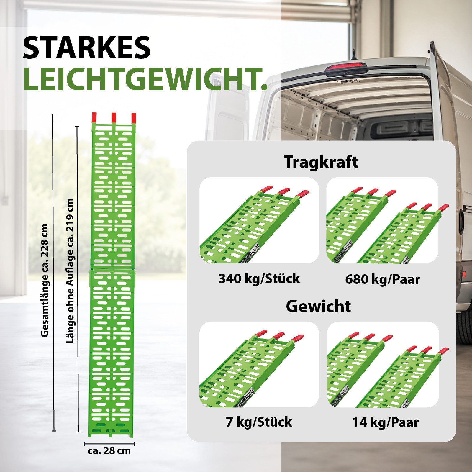TRUTZHOLM Auffahrrampe klappbar 228 cm Traglast 680 kg Aluminium grün gelochte Oberfläche 2x (2-St., Inkl. 2x Spanngurt), stabile Konstruktion, hochwertige Vera – Bild 3 von 5