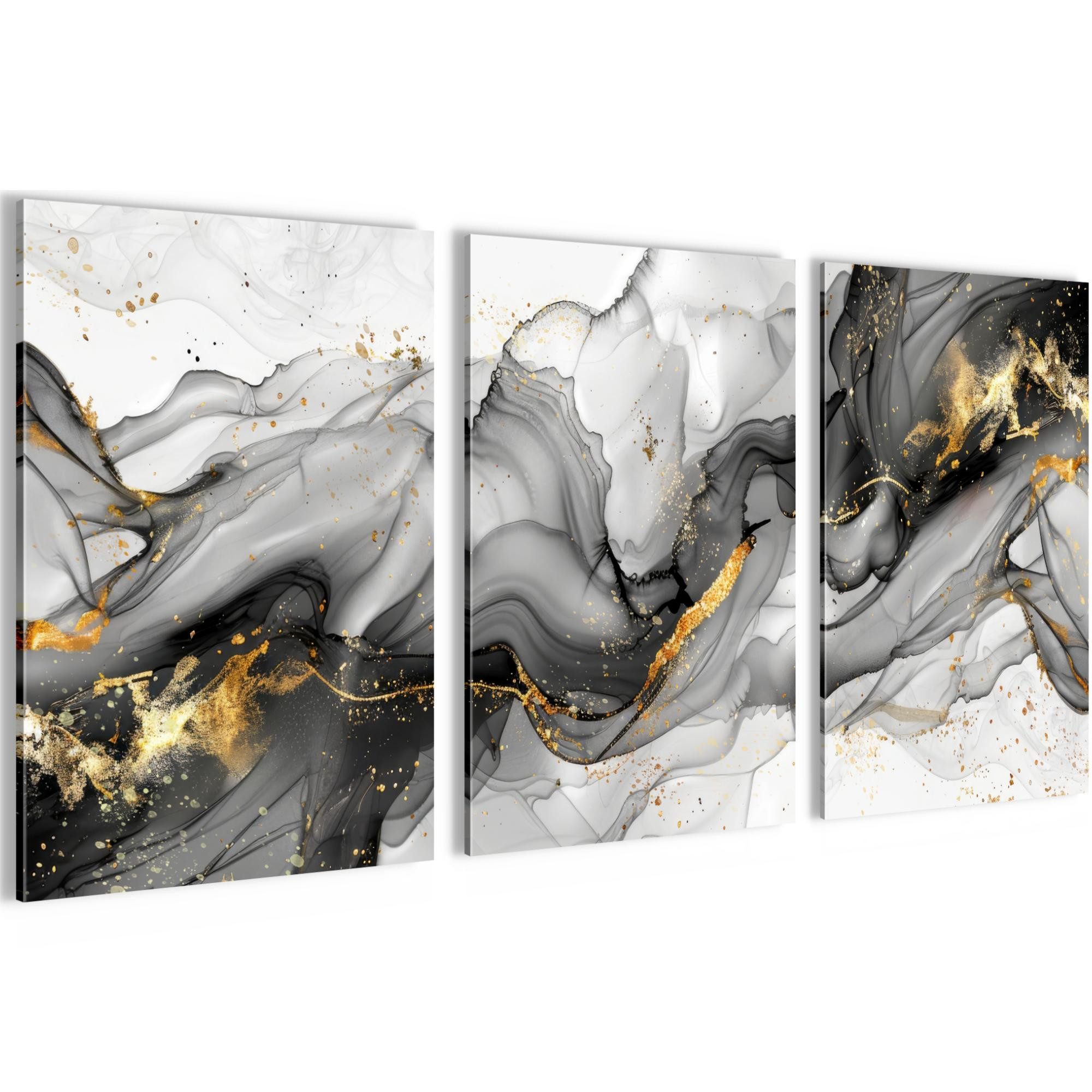 Novart Wandbild Bilder Abstrakt Blätter AUFHÄNGFERTIG für Flur Deko Grau N0386, 40 x 60 cm - 3 Bilder