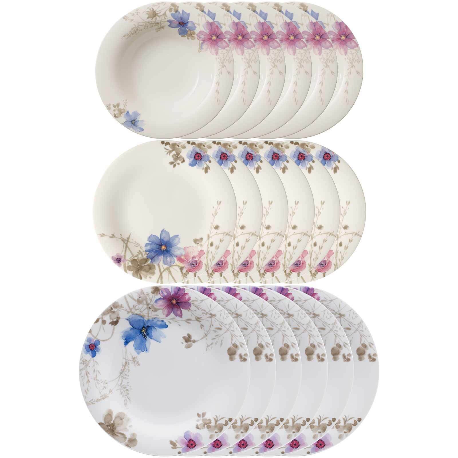 Villeroy & Boch Kombiservice Mariefleur Gris Basic Teller Set 18 tlg. 12er Set (2-tlg), Porzellan