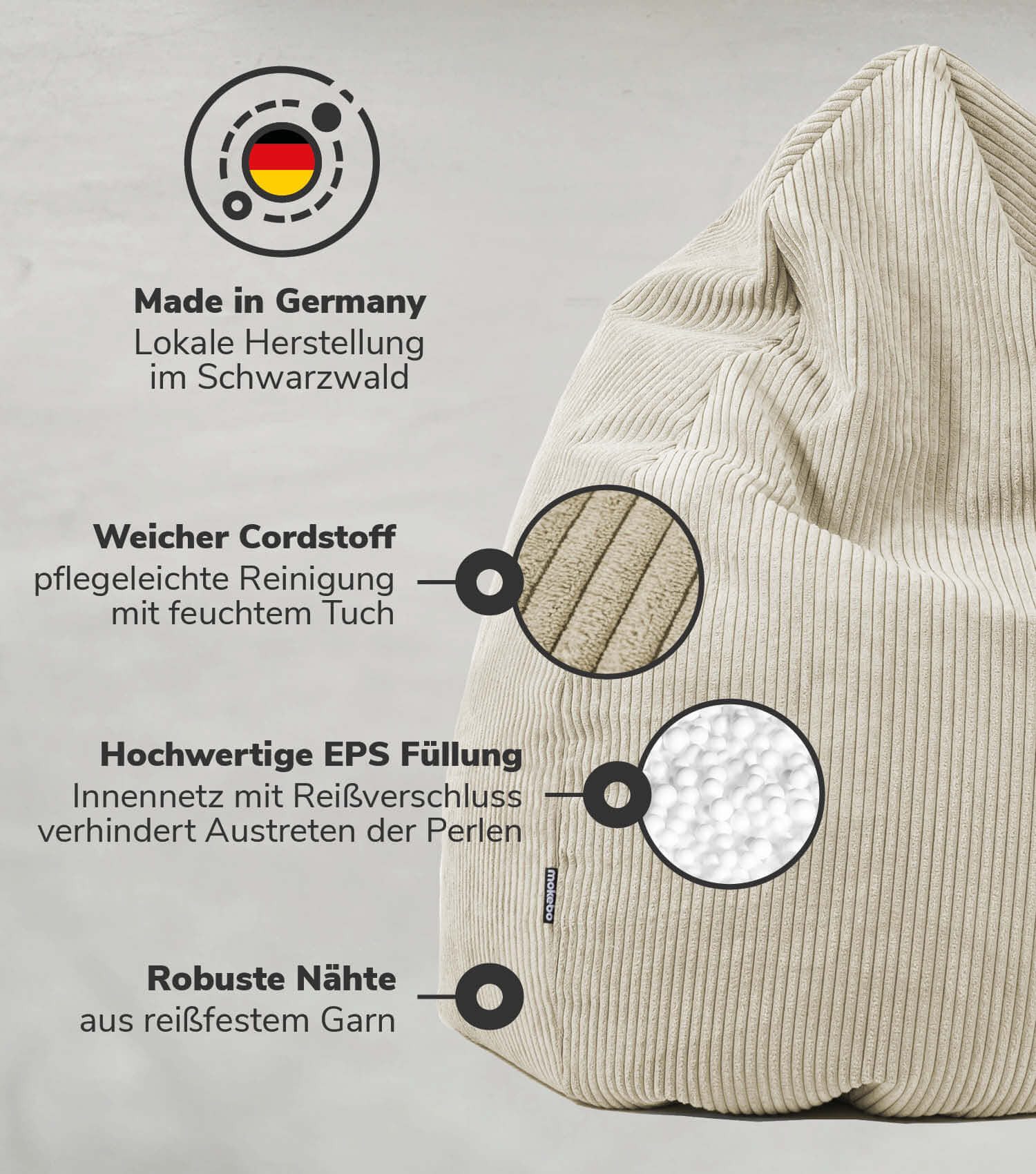 mokebo Sitzsack Der Tagträumer (aus Cordstoff), Bean Bag XXL aus Cord in Beige, Sitzkissen, Gaming Stuhl, Bodenkissen