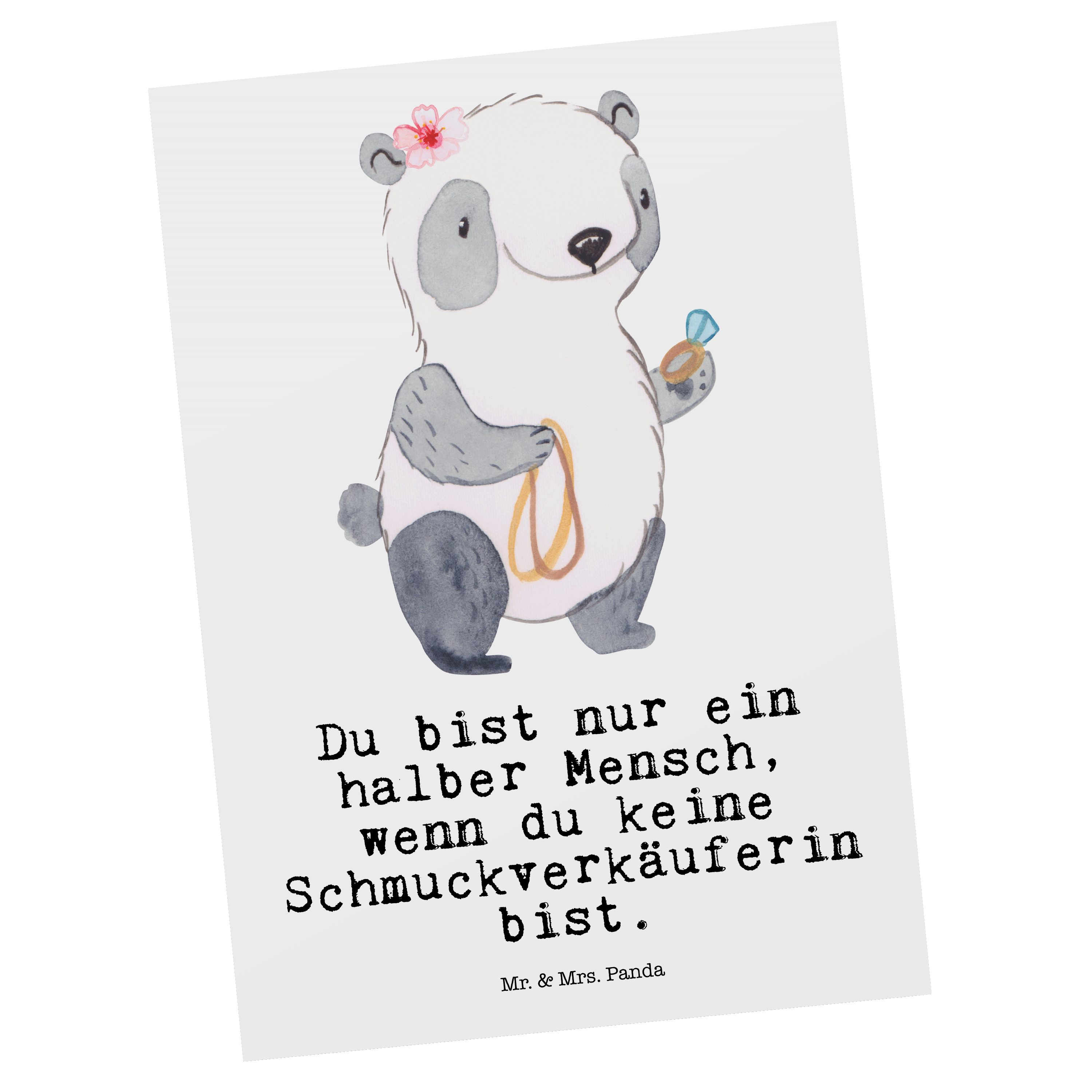 Mr. & Mrs. Panda Postkarte Schmuckverkäuferin mit Herz - Weiß - Geschenk, Schmuckwarenhändler, J